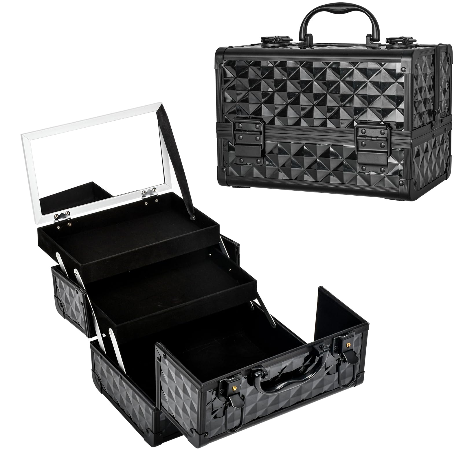 VETALLO Travel Makeup Organizer Case with Mirror - Large Portable Cosmetic Storage Box for Women | Perfect for Travel, Home Vanity & Bestie Gifts (Black)