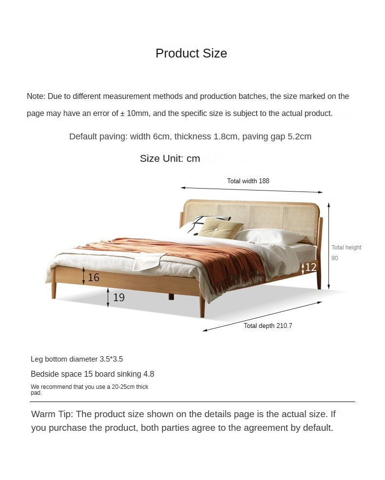 Solid Oak Wood Rattan Bed Frame - Queen Size, Natural Finish - Perfect for Bedroom, Guest Room & Farmhouse Decor