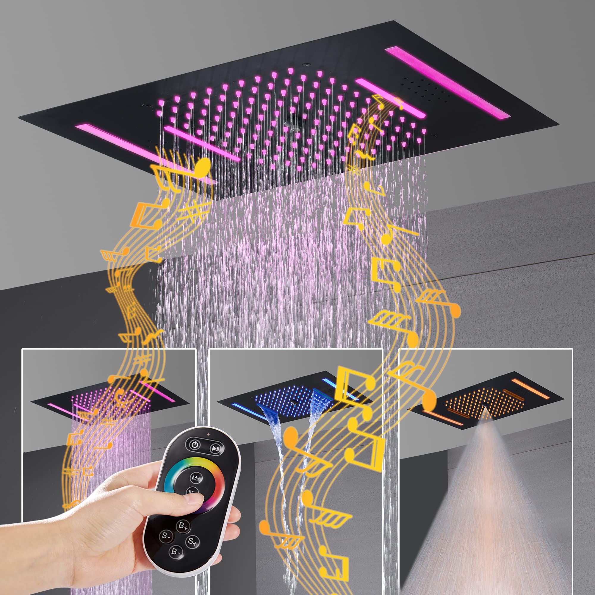 Cascada Luxury 15”x23” Music LED Shower System with Bluetooth Speakers, 5 Functions (Waterfall, Rain, Rain Curtain, Body Jets), Remote Control, 64 Color Lights, Matt Black - Perfect for Modern Bathrooms and Spa-Like Experiences