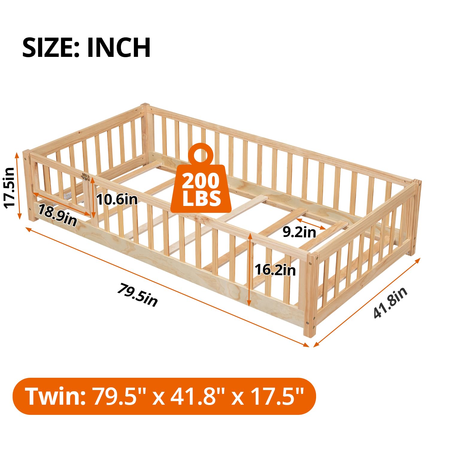 i-POOK Twin Floor Bed for Kids - Solid Wood Montessori Bed Frame with Wood Slats, Safety Fence & Door - Low Profile Toddler Bed for Boys and Girls - Natural Finish (Includes Bed Slats) - Perfect for Montessori Rooms, Daycare Centers & Safe Toddler Sleep Spaces