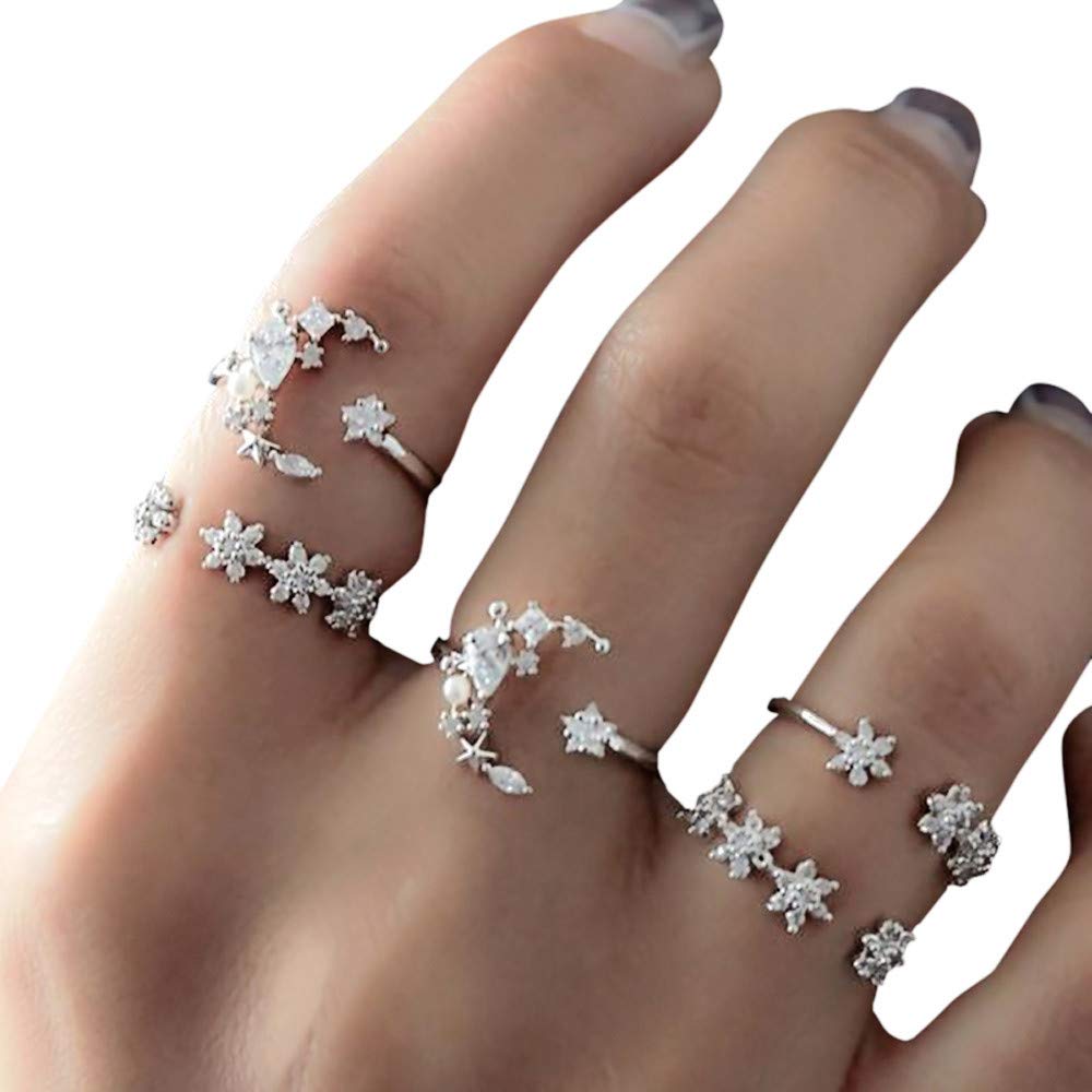 5PC Stackable Bohemian Crystal Wedding Rings Set for Women - Moon & Star Design in Silver & Gold - Perfect for Bridal, Engagement, Boho Fashion & Everyday Wear