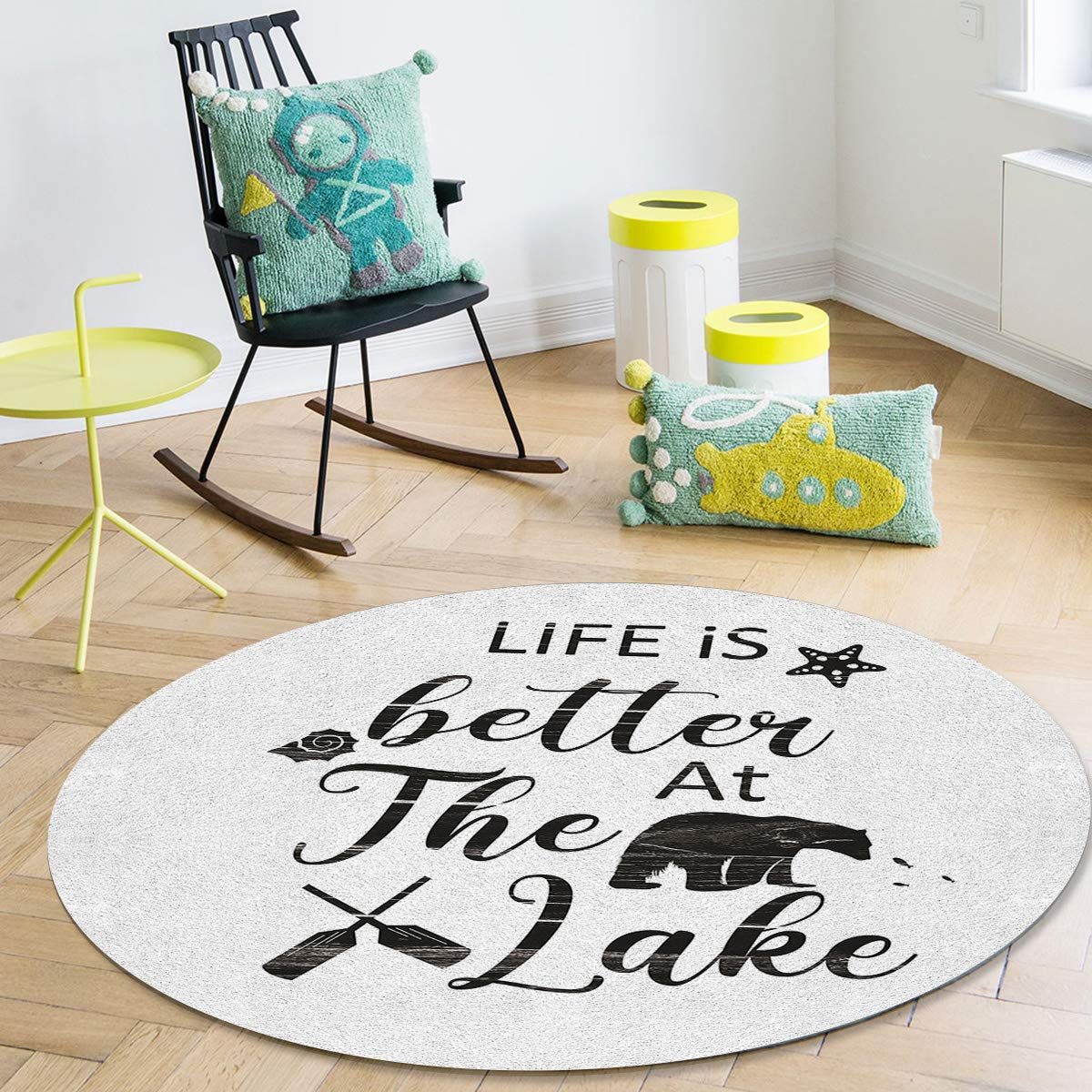 Lake Themed Area Rug - Polar Bear, Oar, Starfish & Shells Design - Washable Indoor/Outdoor Carpet for Boys Bedroom & Living Room - 3.3FT Round Floor Mat - Perfect for Coastal Decor, Kids Room & Beach House Style