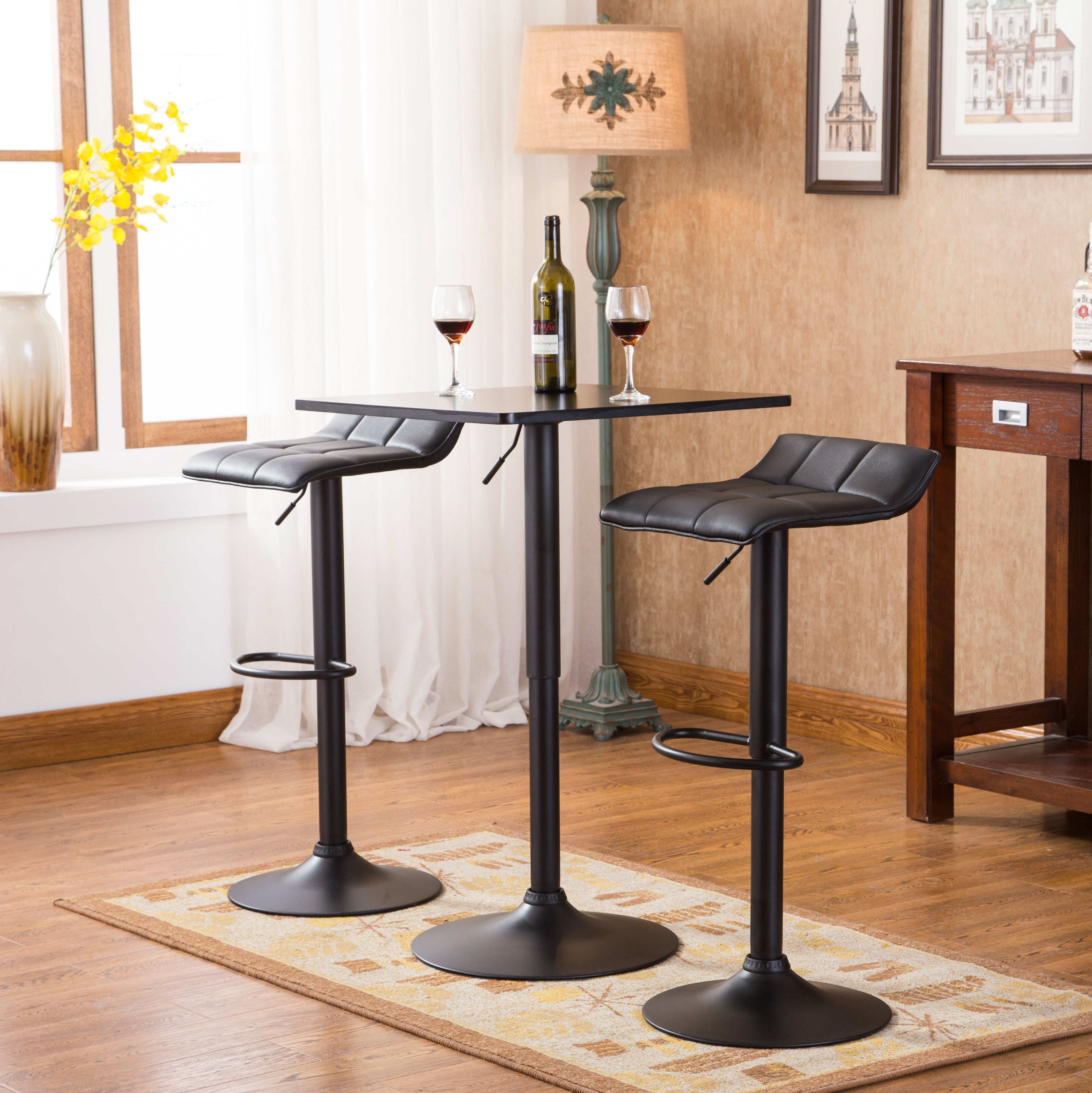 Roundhill Furniture Belham Black Square Adjustable Metal Base 3-Piece Bar Table Set - Modern Counter Height Dining Set for Kitchen, Bar, or Patio