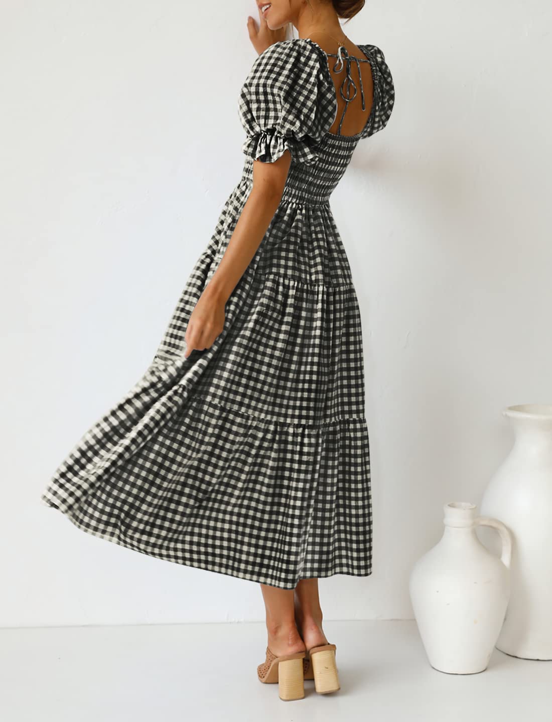ZESICA Women's 2025 Bohemian Summer Plaid Square Neck Puff Sleeve Ruffle Flowy Midi Dress - Beach Vacation, Date Night & Casual Outfit