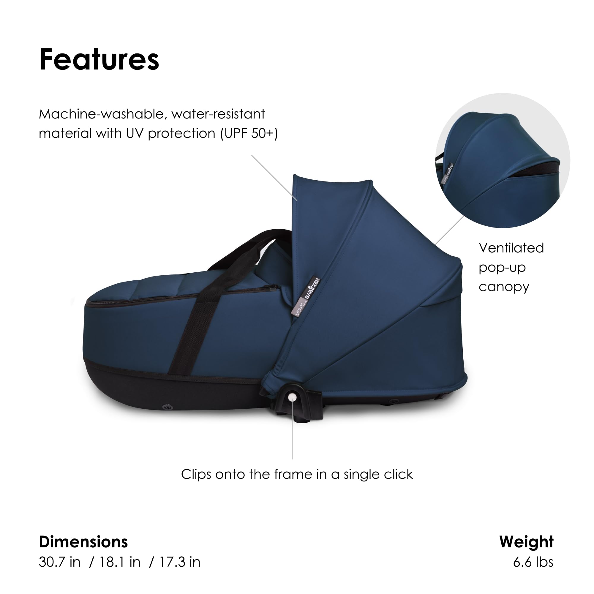Babyzen YOYO 0+ Bassinet for Newborns - Navy Blue Baby Crib with Thick Double Mattress, Ventilated Shell & Canopy | Compatible with YOYO2 Stroller Frame (Sold Separately) | Perfect for Nursery, Travel & On-the-Go Parenting