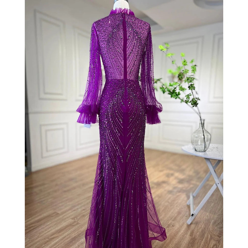 Elegant Purple Mermaid Evening Gown with High Neck & Long Sleeves - Beaded Luxury Formal Dress for Women - Perfect for Prom, Wedding Guest & Black Tie Events - LA71690