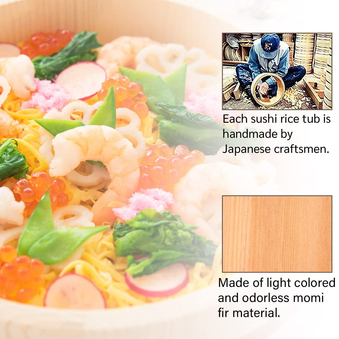 Premium Japanese Momi Fir Wooden Hangiri Sushi Rice Mixing Tub with PP Band - 11.8