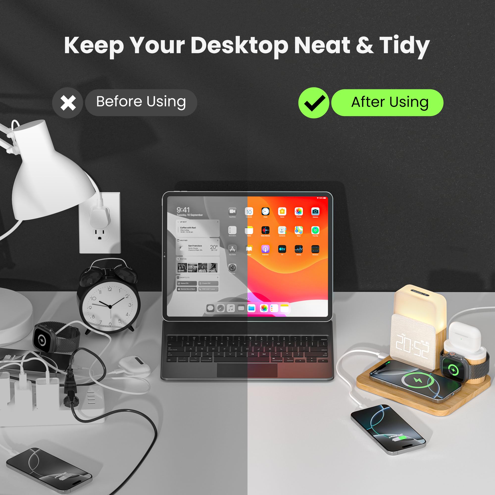 7-in-1 Wireless Charging Station with Alarm Clock & Night Light - MagSafe Charger for iPhone 16/15/14/13/12 Pro Max, Apple Watch & AirPods - Perfect Bedside Organizer for Bedrooms, Office & Travel
