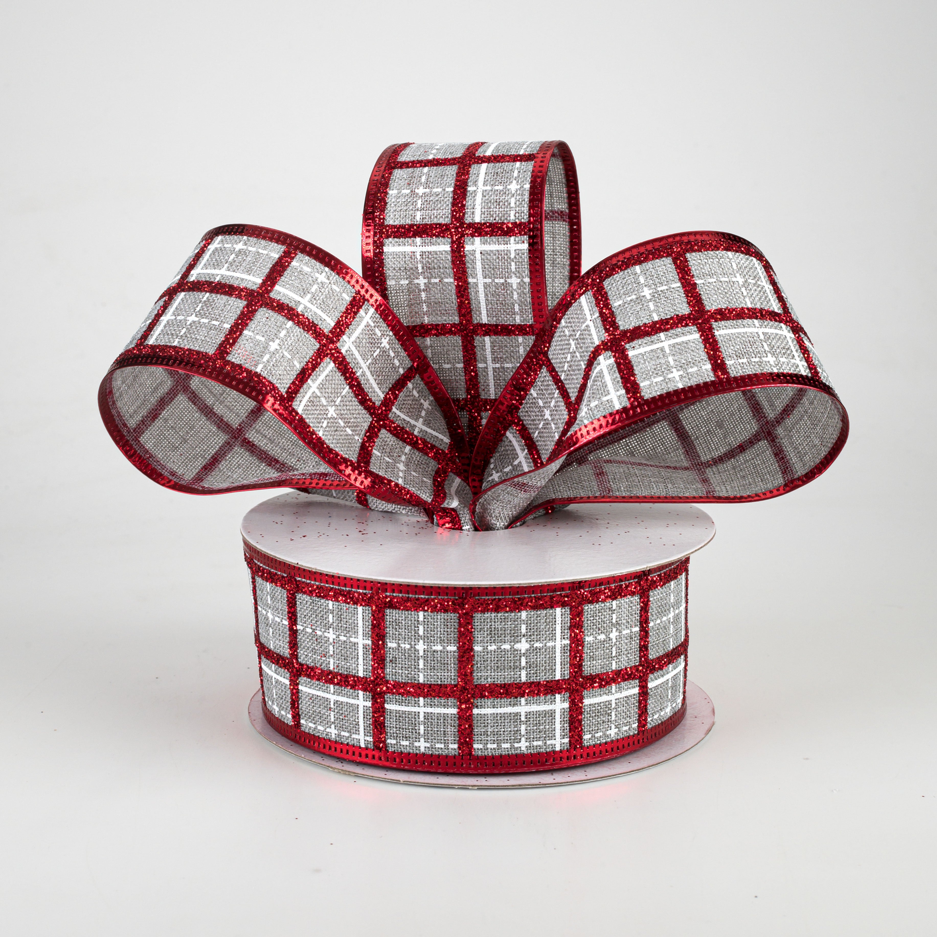1.5 Inch Glitter Square Plaid Ribbon - Light Grey, White & Red (10 Yards) for Gift Wrapping, DIY Crafts, Party Decorations & Scrapbooking