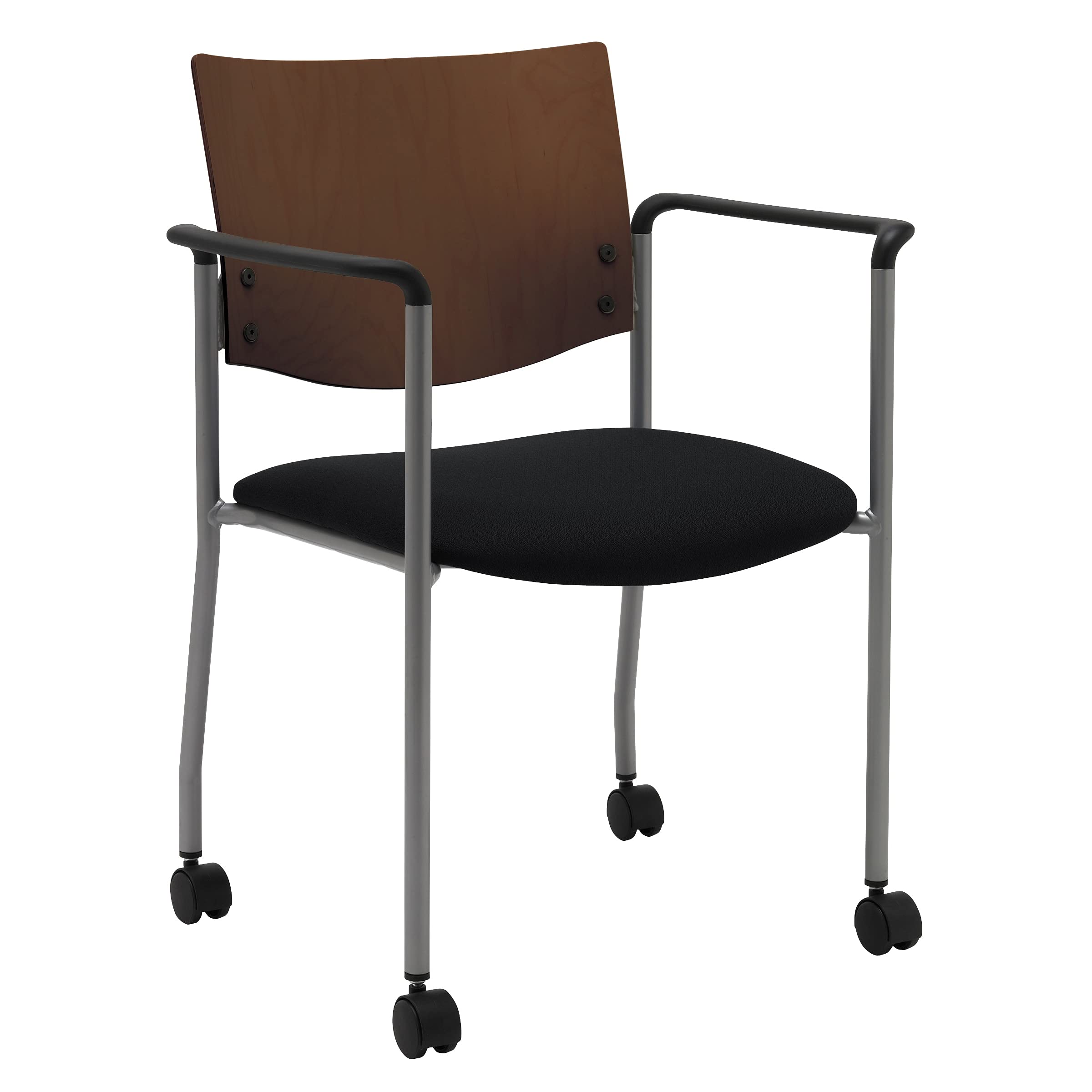 Evolve Series Guest Chair with Arms - Wood Back & Casters - Black Fabric & Chocolate Finish - Perfect for Office, Conference Room & Home Workspace