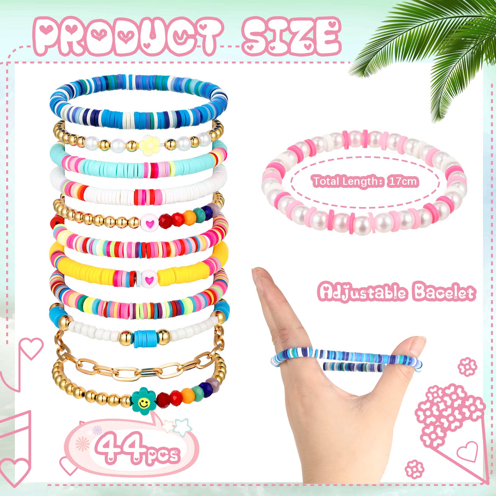 Ecally 44 Pcs Heishi Preppy Bead Bracelets - Colorful Clay Friendship Bracelets Set for Women | Y2K Stretch Beach Jewelry | Perfect for Summer Vacation, Music Festivals & Boho Style Outfits