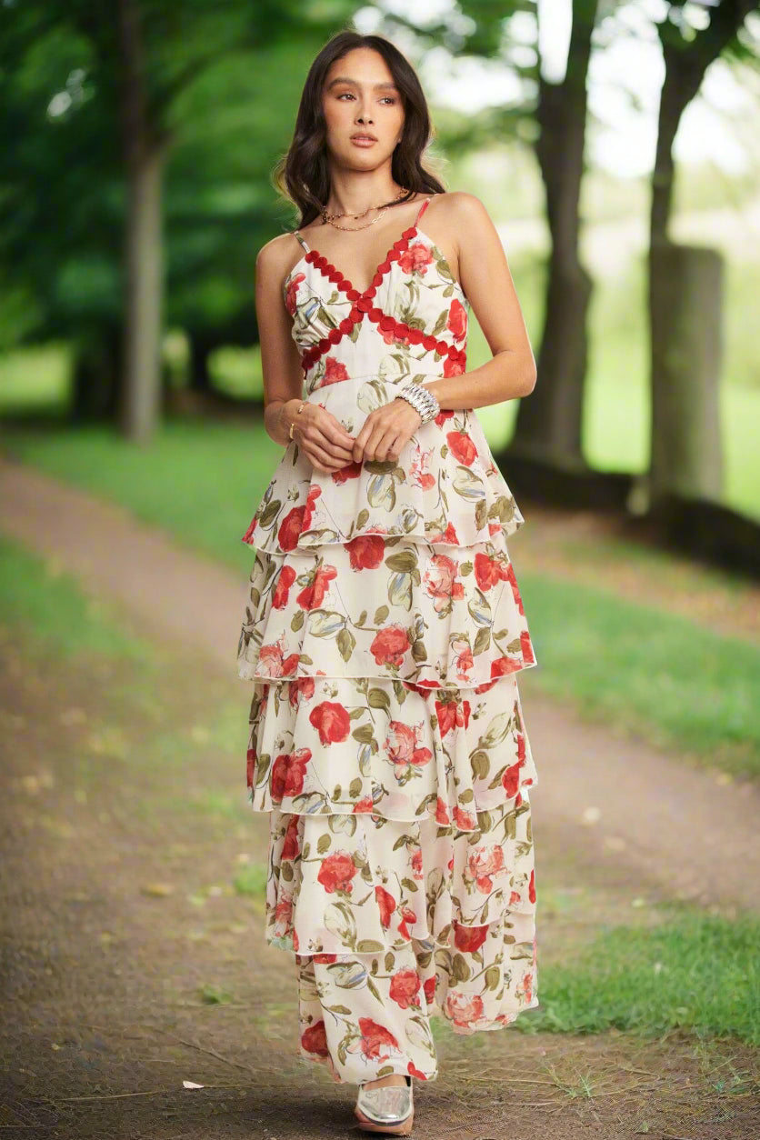 Elegant Lace Layered Ruffle Maxi Cami Summer Dress for Women - Boho Beach Wedding Party & Vacation Outfit