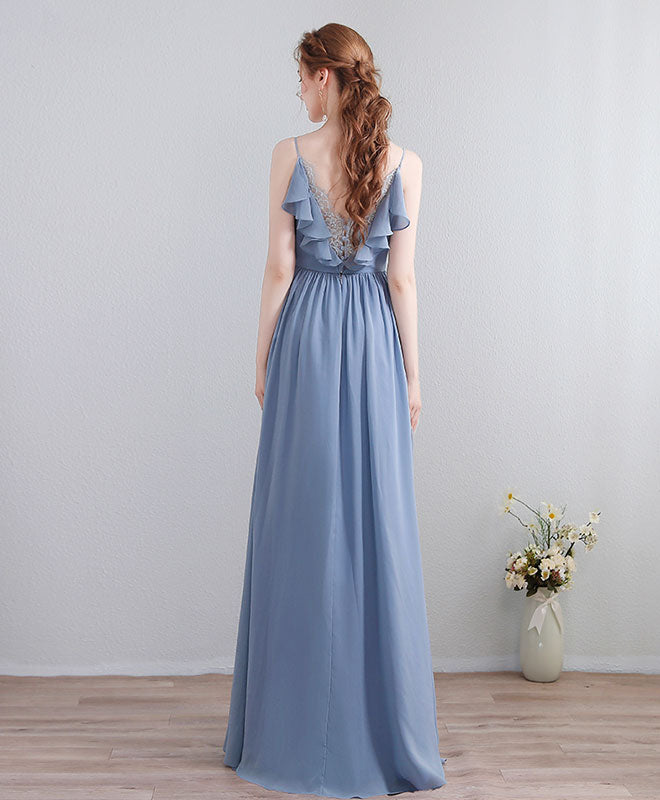 Elegant Blue V-Neck Chiffon Lace Long Prom Dress for Women - Formal Evening Gown for Homecoming, Wedding, Party & Special Occasions