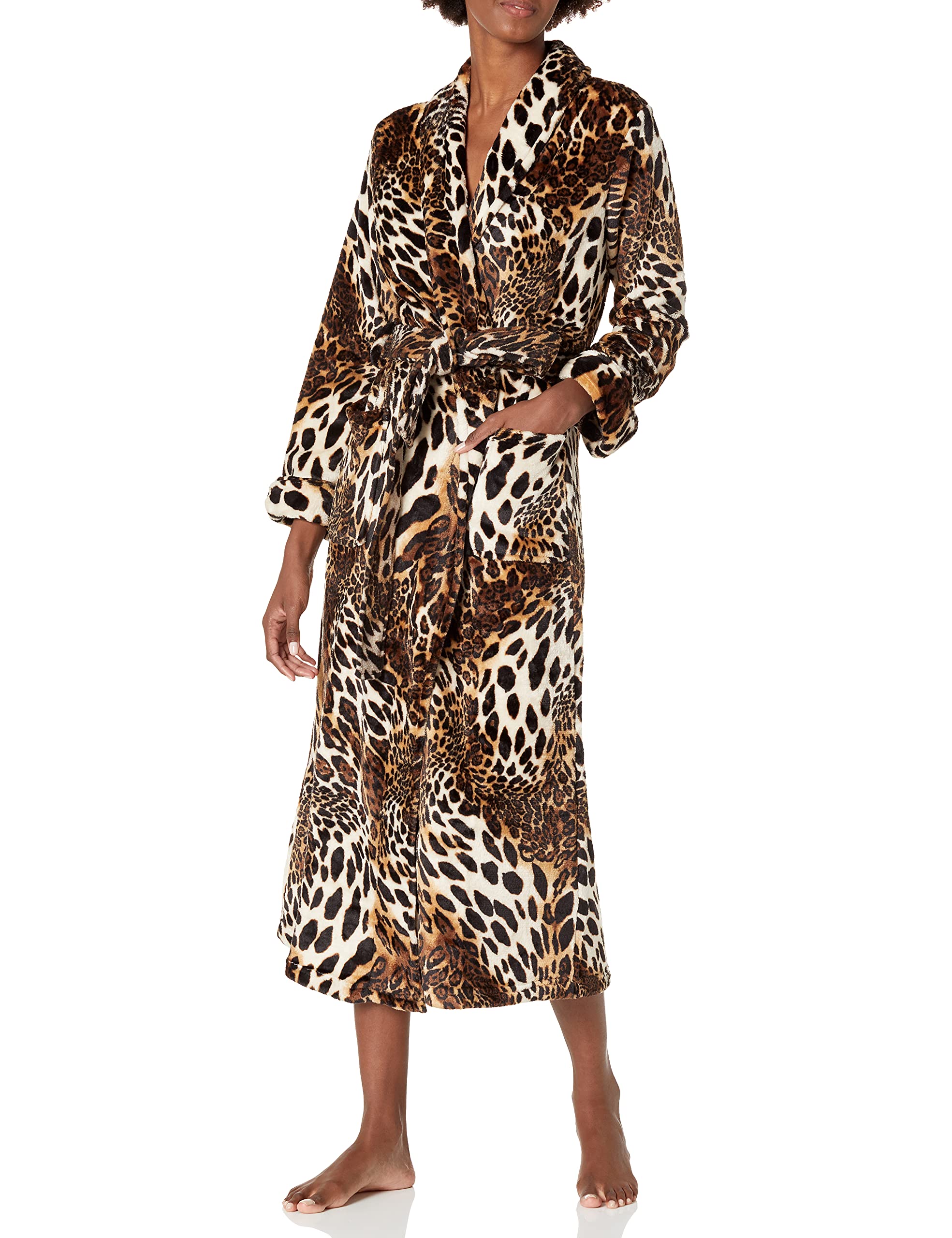Natori Women's Plush Leopard Print Robe - Soft Cozy Bathrobe for Spa, Lounge & Relaxation at Home
