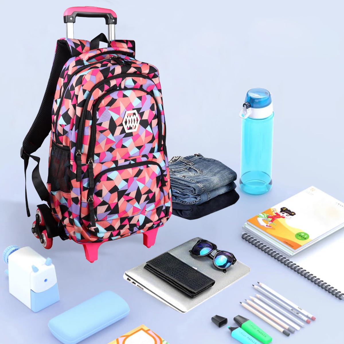 Rolling Backpack for Girls - Waterproof Trolley School Bag with 6 Wheels & Stair-Climbing Design, Black | Perfect for School, Travel & Outdoor Adventures