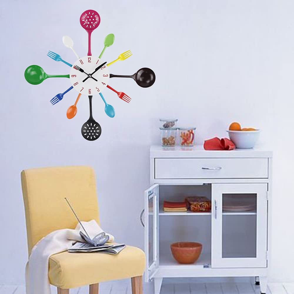 Qich Creative Multicolor Kitchen Utensil Wall Clock - Silent Spoon Fork Design for Bedroom & Home Decor - Perfect for Modern Kitchens, Dining Rooms & Unique Gift Ideas