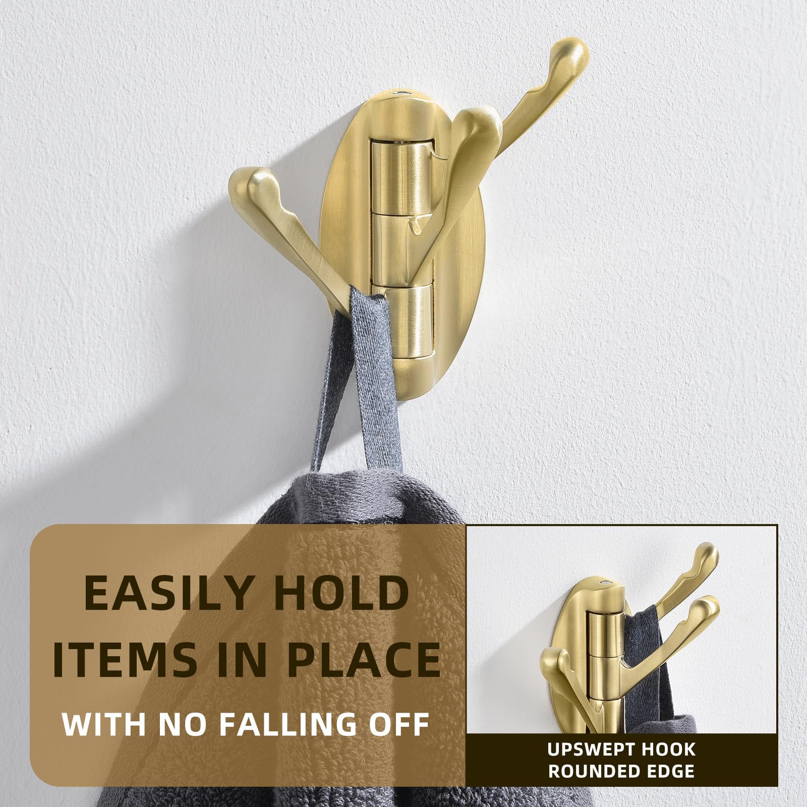 2 Pack Brushed Gold Swivel Towel Hook - Heavy Duty Metal Folding Bathroom Hanger for Towels, Robes & Clothes - Wall Mount for Bathroom, RV & Home Organization | Perfect for Small Spaces & Decor