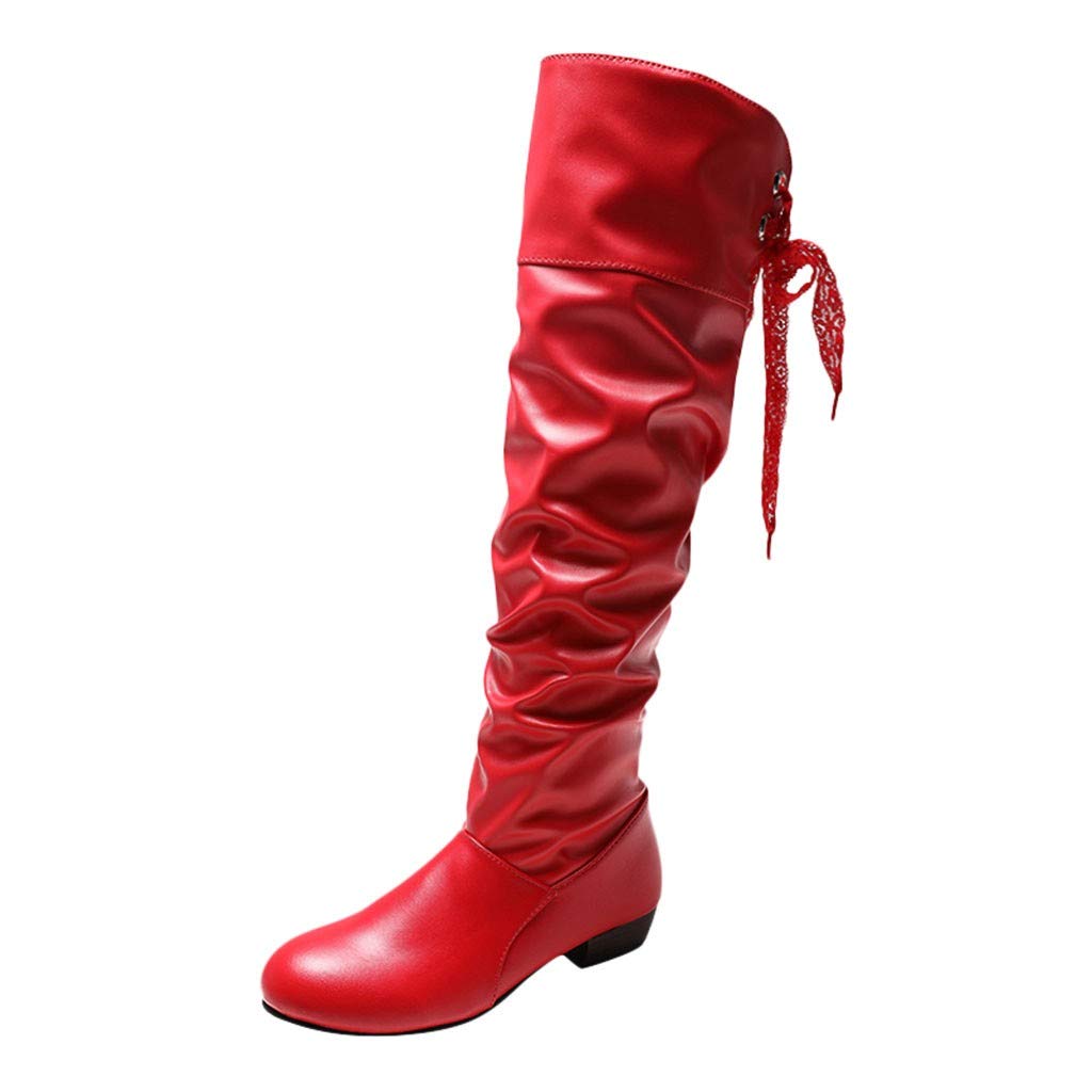 Pink Suede Cowboy Boots for Women - Warm Knee High Flat Boots with Lace Straps, Wide Calf, Large Size - Perfect for Western Fashion, Student Style & Winter Outfits