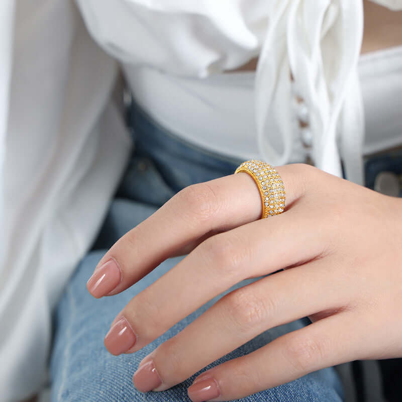 18K Gold Sparkly Pave Dome Ring for Women - Elegant Cubic Zirconia Wedding Engagement Promise Ring - Perfect for Anniversary, Valentine's Day Gift & Special Occasions