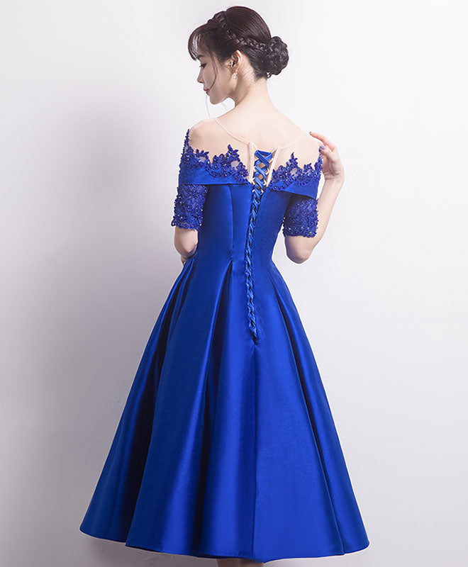 Elegant Blue Satin Lace Round Neck Prom Dress - Formal Evening Gown for Bridesmaids, Homecoming, and Special Occasions