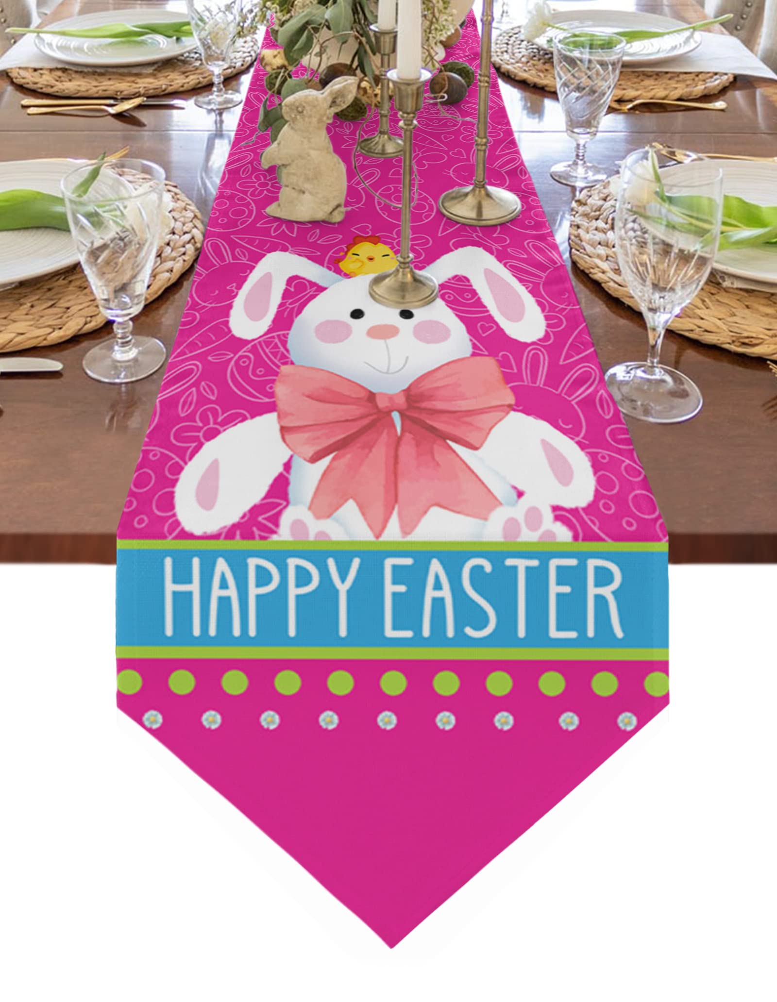Easter Table Runner - Cute Bunny and Chicken Floral Design Dresser Scarf for Spring Dinner Table Decor, Home Kitchen Dining Room, Easter Party Supplies - Perfect for Easter Celebrations, Spring Gatherings, and Holiday Home Decor