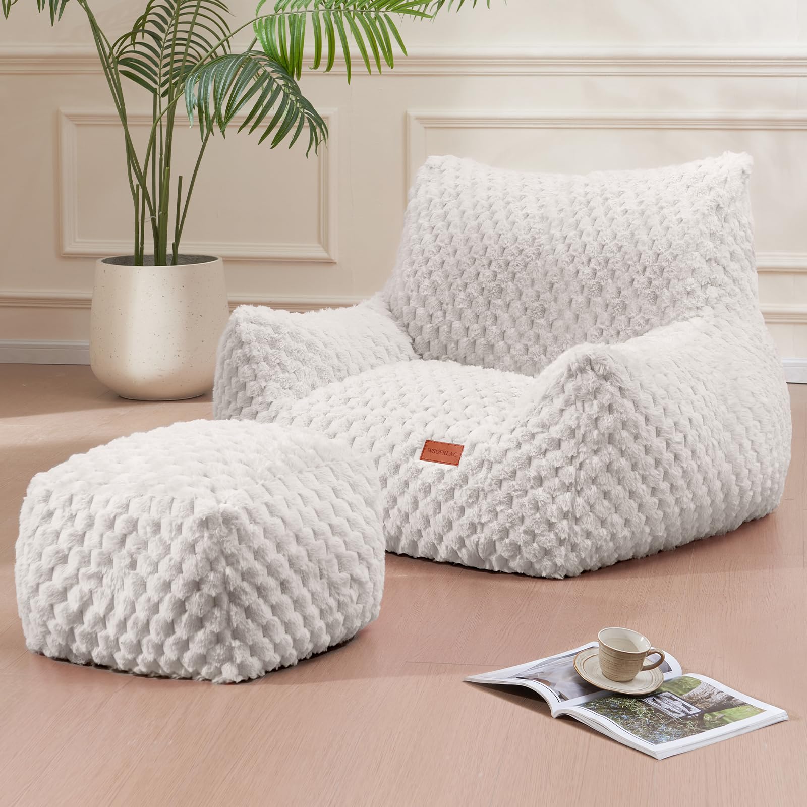 Premium Giant Bean Bag Chair with Ottoman - Ultra Soft Faux Fur Lounge Chair for Adults & Teens, Large Comfy Reading Sofa for Bedroom, Living Room, Dorm - Perfect for Relaxing, Gaming & Movie Nights