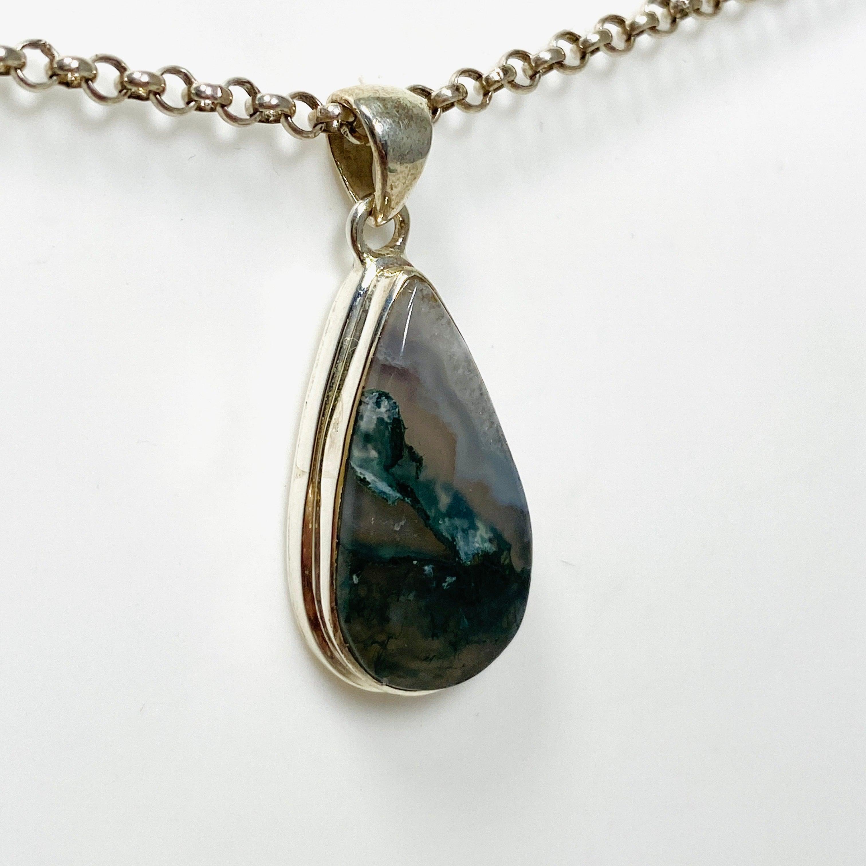 Natural Moss Agate Teardrop Pendant Necklace - 925 Sterling Silver Jewelry KPGJ3625 | Healing Crystal Gift for Women, Meditation & Spiritual Protection