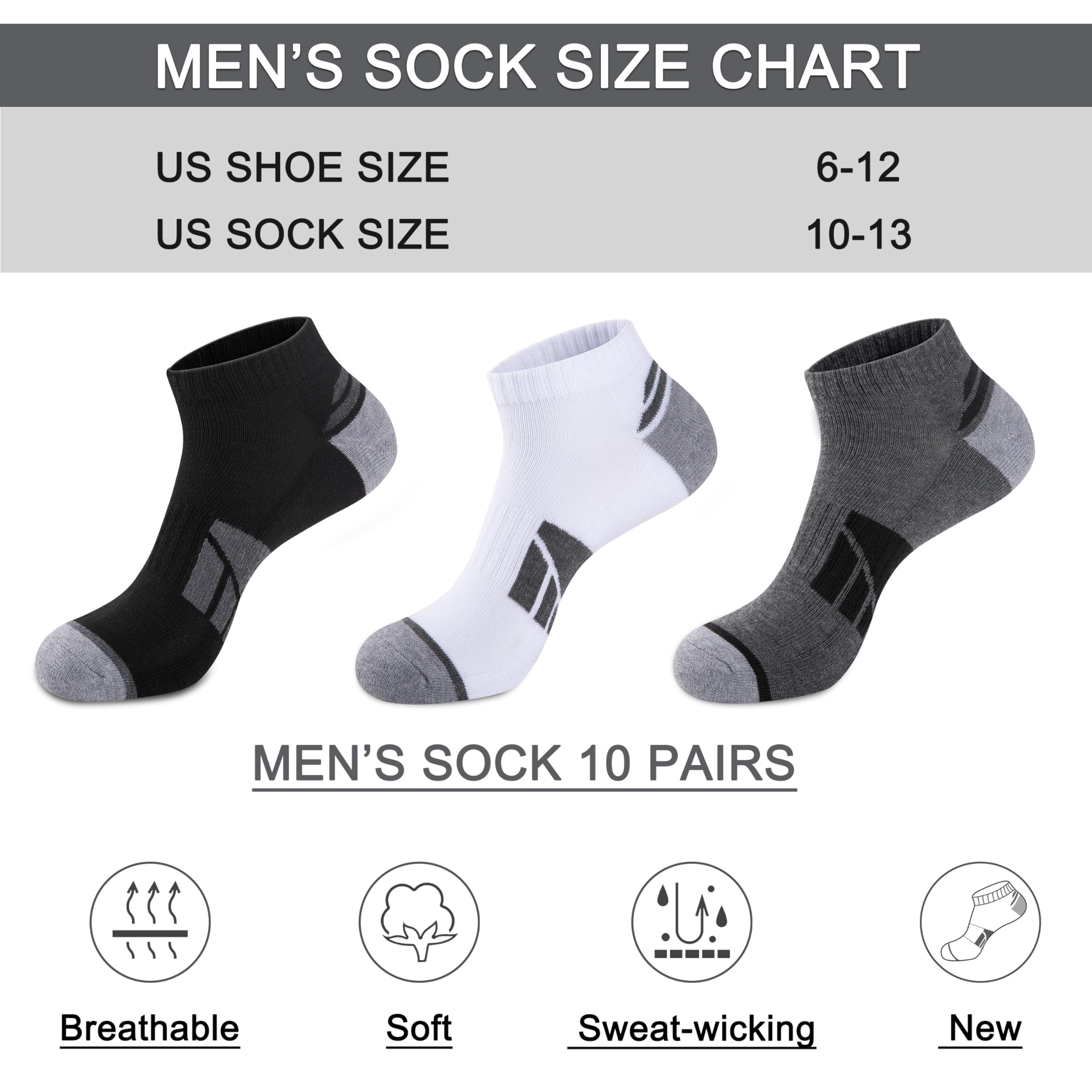 Eallco 10 Pairs Men's Ankle Socks - Low Cut Breathable Casual Socks for Men - Perfect for Running, Gym, Work & Everyday Wear