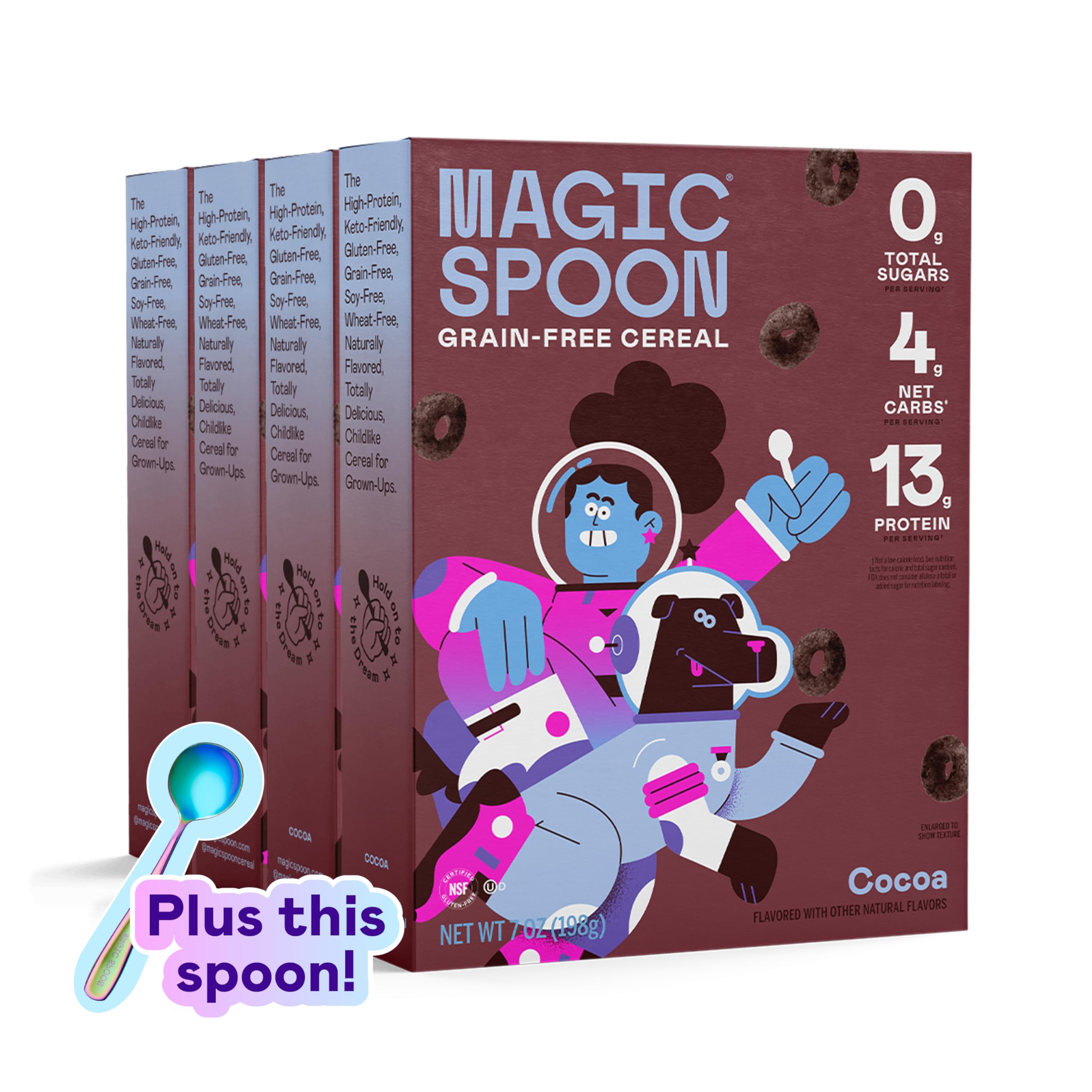 Magic Spoon Cocoa Cereal 4-Pack with Spoon - Keto Friendly, Low Carb, Gluten Free, Grain Free, High Protein, Zero Sugar Breakfast Cereal - Perfect for Healthy Morning Meals & Snacks