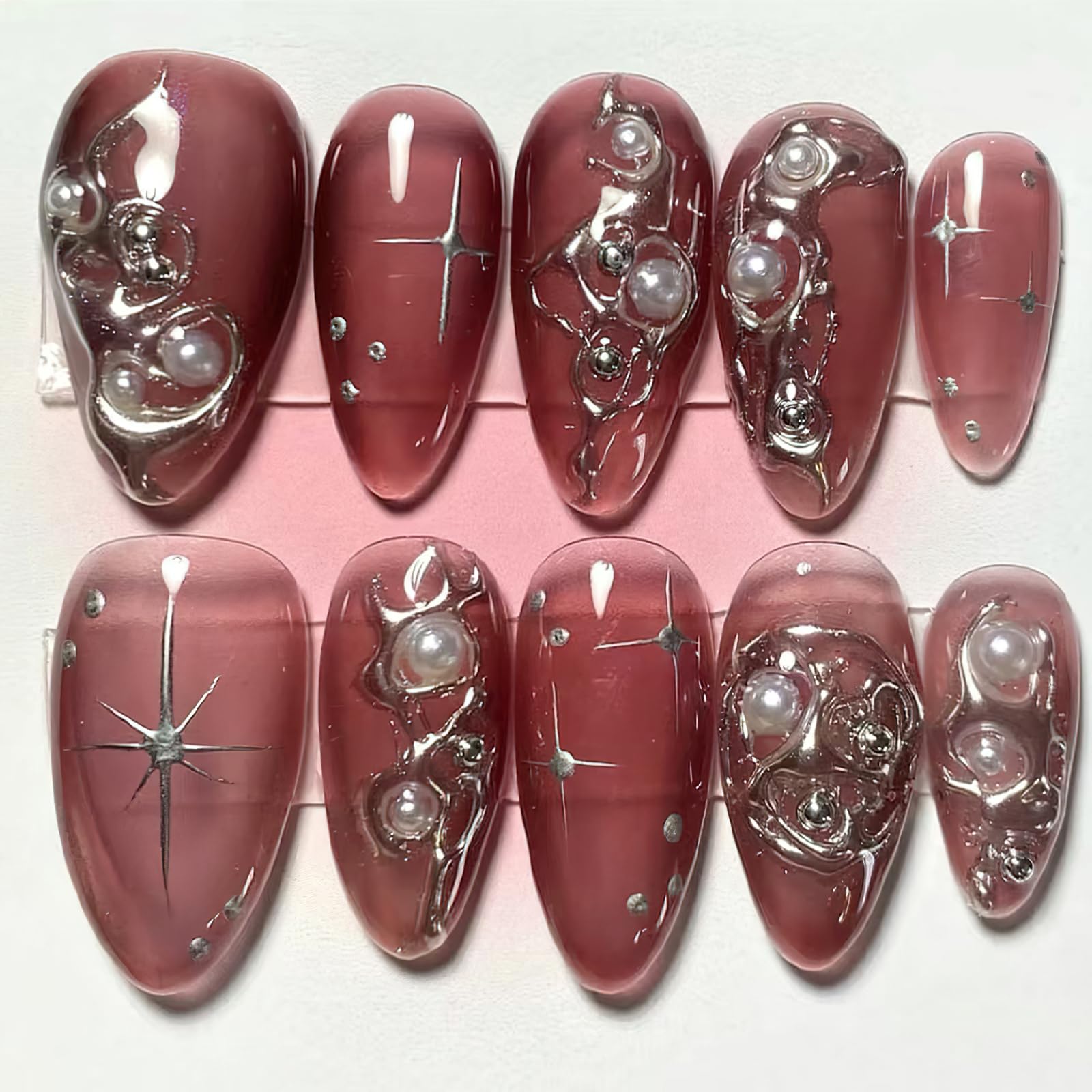 Dark Pink Short Almond Press on Nails with Pearl Design & Gothic Silver Stars - Glossy Y2K Style Fake Nails for Women (30Pcs) | Full Cover Glue on Artificial Nails with Irregular Liquid Pattern | Perfect for Parties, Weddings & Gothic Fashion