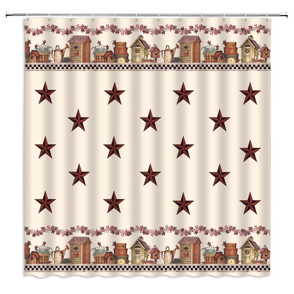 YSSFAV Western Texas Star Shower Curtain - Farmhouse Buffalo Plaid Bathroom Decor with Hooks | Rustic Cabin & American Country Style | Perfect for Ranch, Log Cabin, or Vintage Themed Bathrooms