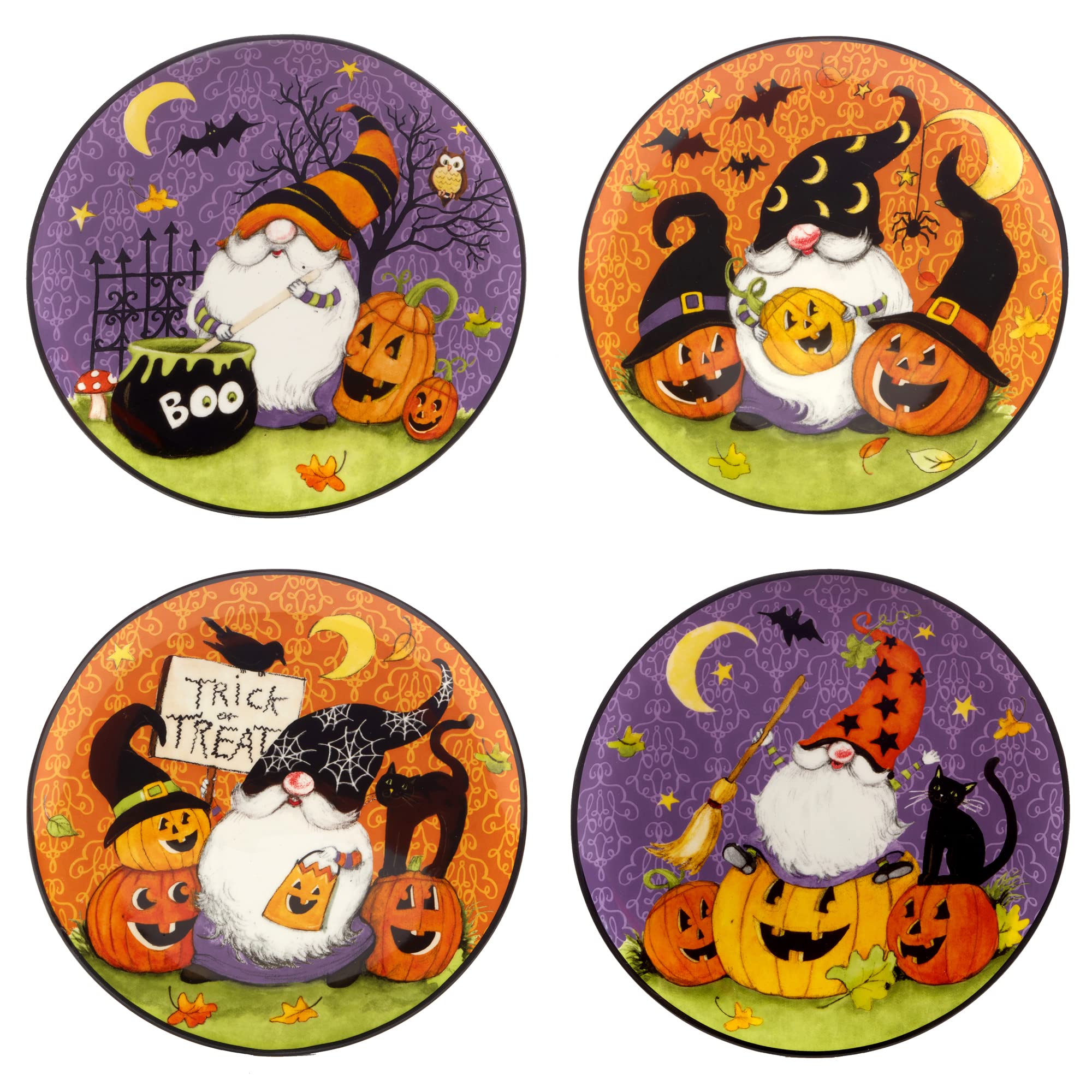 Halloween Gnome Salad & Dessert Plates - 9 Inch Multicolor Set of 4 | Certified International Dinnerware for Halloween Parties, Thanksgiving & Holiday Entertaining