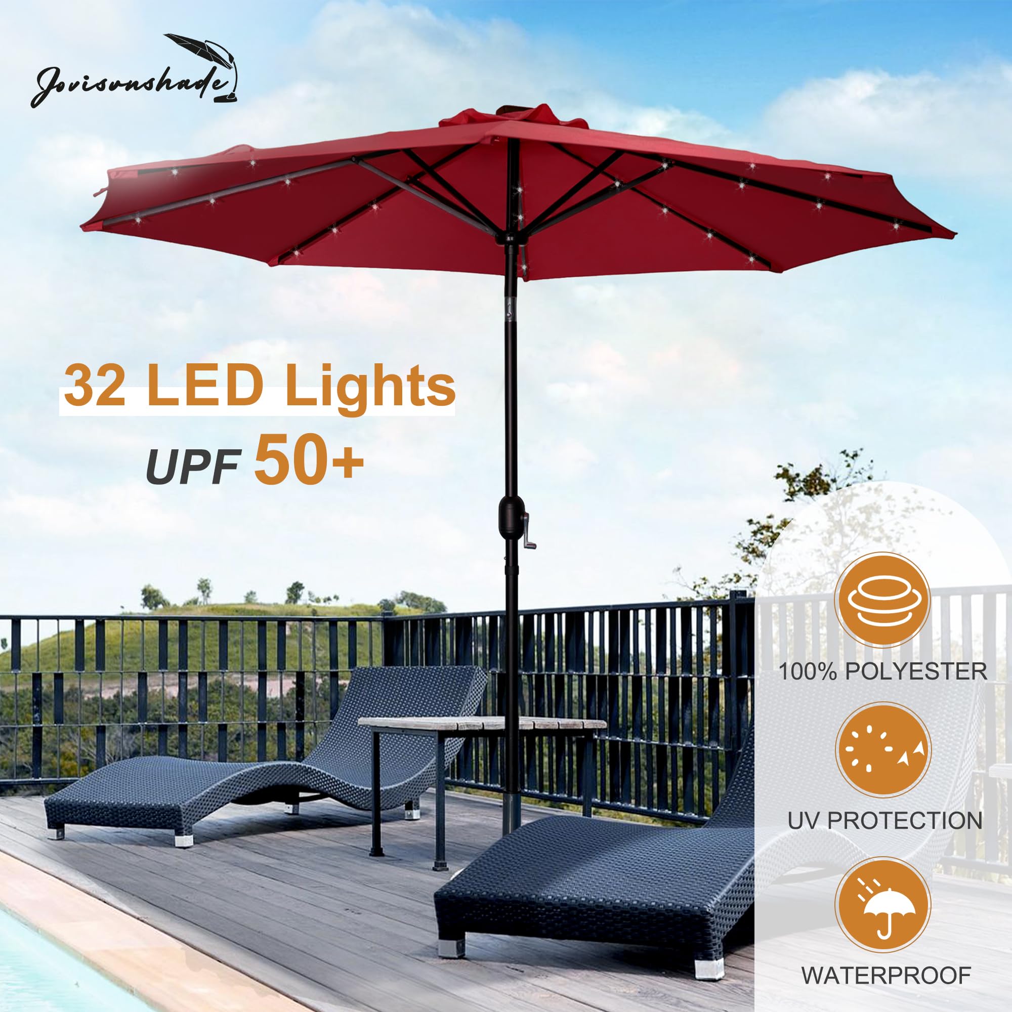 9FT Solar LED Patio Umbrella with Push Button Tilt & Crank - Waterproof Outdoor Umbrella with UV Protection for Pool, Deck, Garden - Perfect for Backyard, Porch & Outdoor Dining (Red)