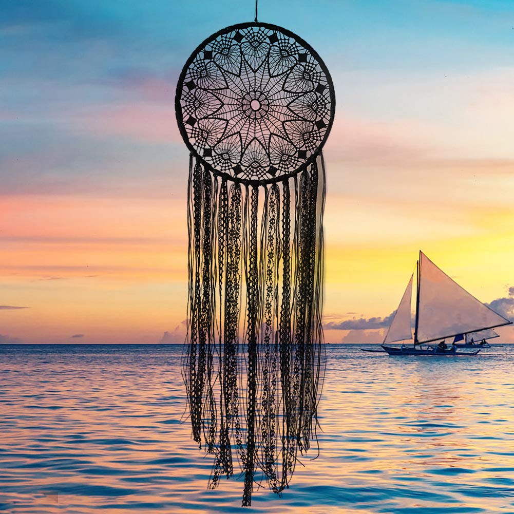 Handmade Black Macrame Dream Catcher Wall Hanging - Boho Chic Lace Bedroom Decor for Adults & Kids Rooms, Living Room Home Ornament - Perfect for Nursery, Dorm, Wedding Decor & Spiritual Gift
