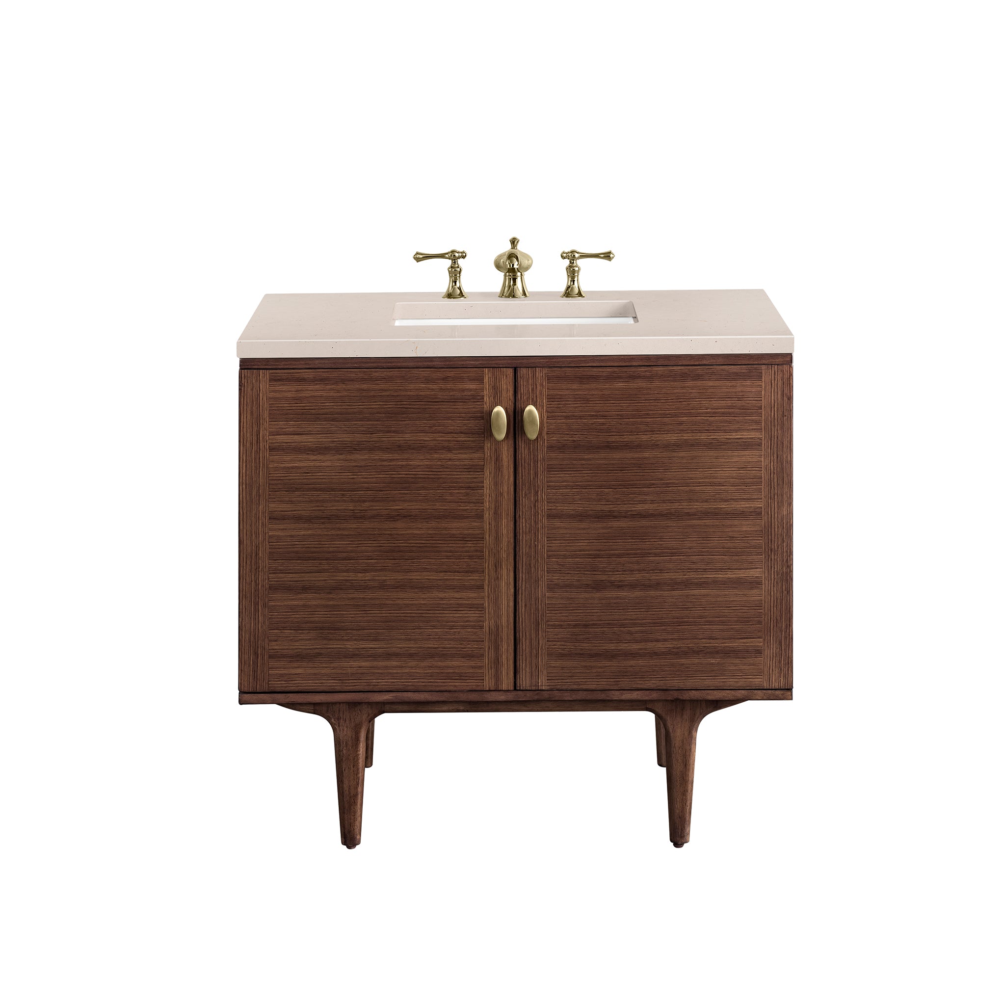 Amberly 36 Inch Single Bathroom Vanity with Mid Century Walnut Finish & 3CM Eternal Marfil Stone Top - Perfect for Modern and Vintage Bathroom Designs