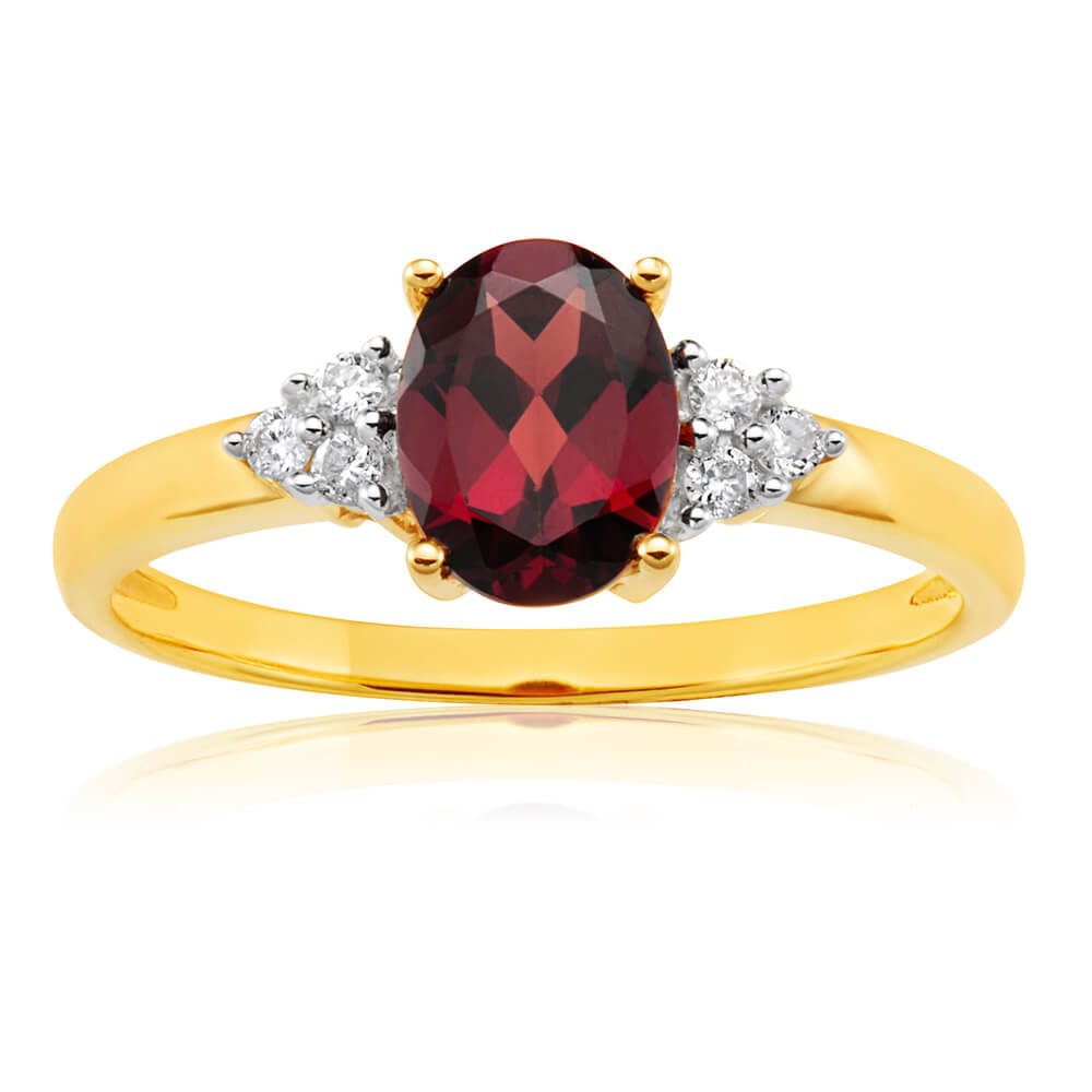9ct Yellow Gold 4x6mm 1.4ct Oval Garnet & Diamond Ring for Women - Elegant Birthstone Jewelry Gift for Anniversary, Engagement or Special Occasion