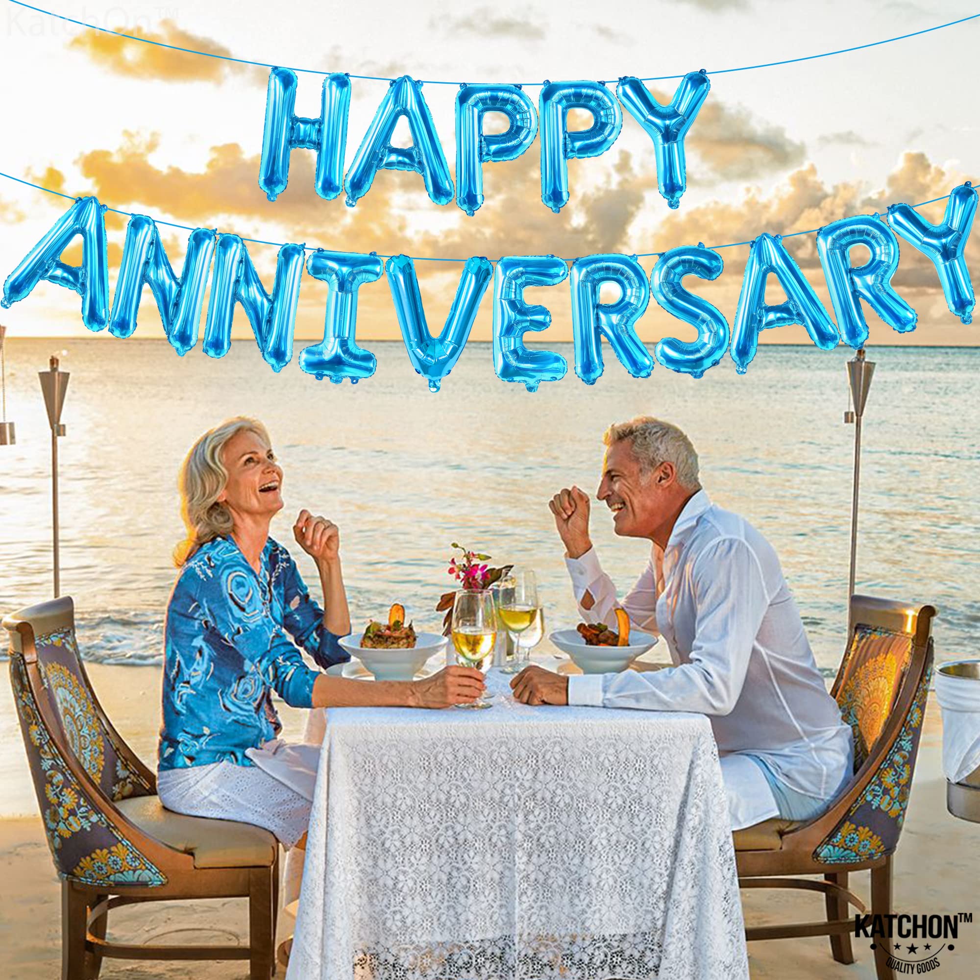 KatchOn Blue Happy Anniversary Balloons - 16 Inch Large Foil Balloons with Banner & Backdrop for Anniversary Party Decorations, Wedding, Birthday & Special Events