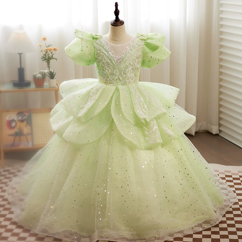Sage Green Princess Round Floor Length Organza Flower Girl Dress for Weddings, Bridal Parties & Special Occasions