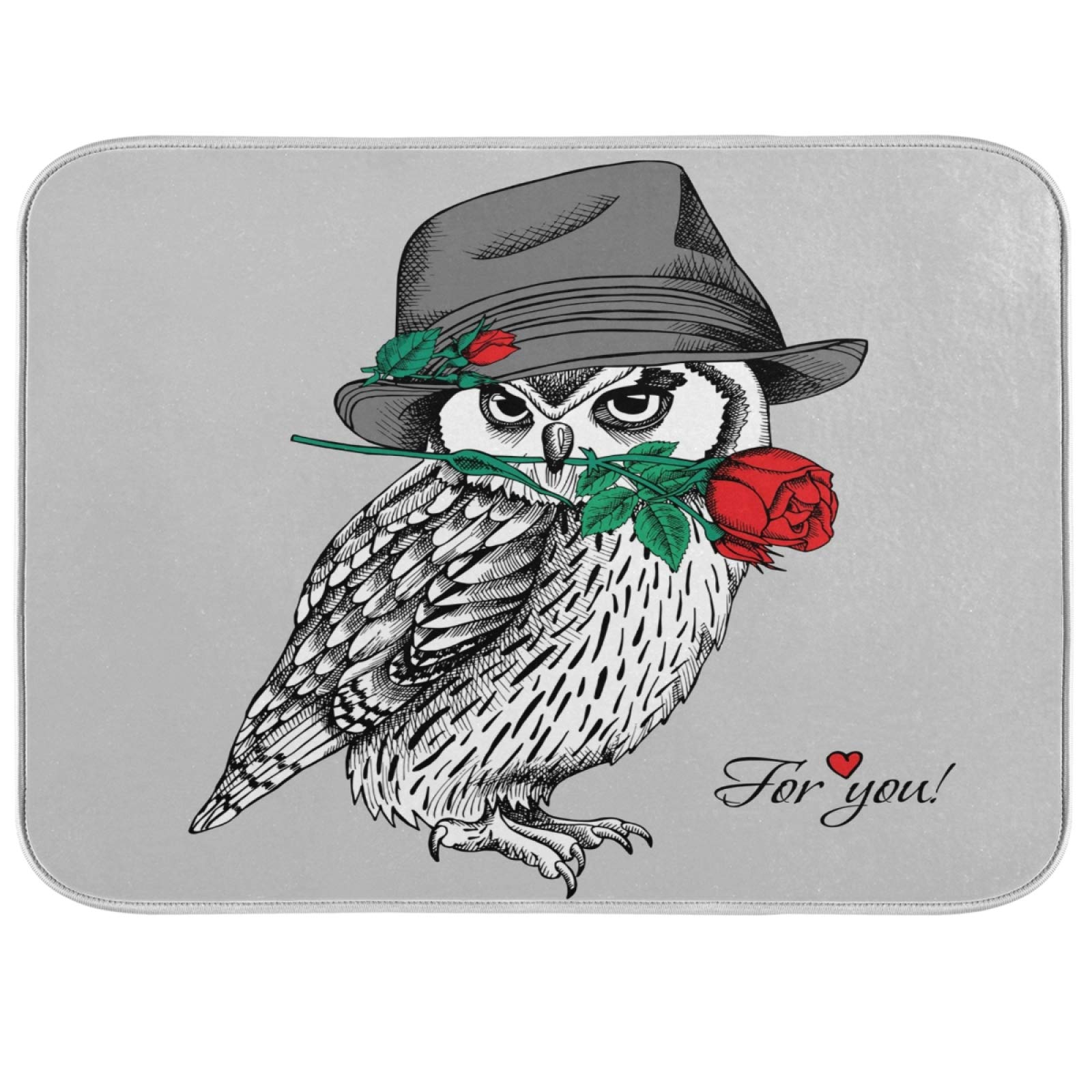 Owl Biting Rose Reversible Kitchen Dish Drying Mat - 16