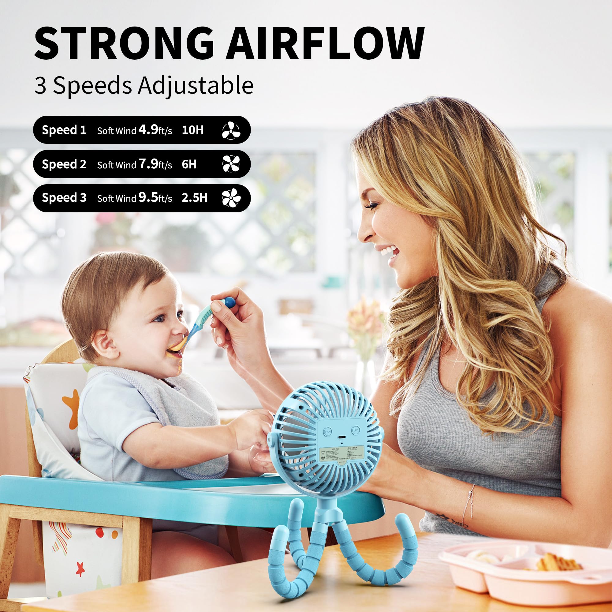 AMACOOL Rechargeable Stroller Fan with Flexible Tripod - 3 Speed Adjustable, 360° Rotatable Clip On Fan for Baby Stroller, Car Seat, Crib, Bike & Treadmill | Portable Personal Cooling Fan for Indoor & Outdoor Use (Blue)