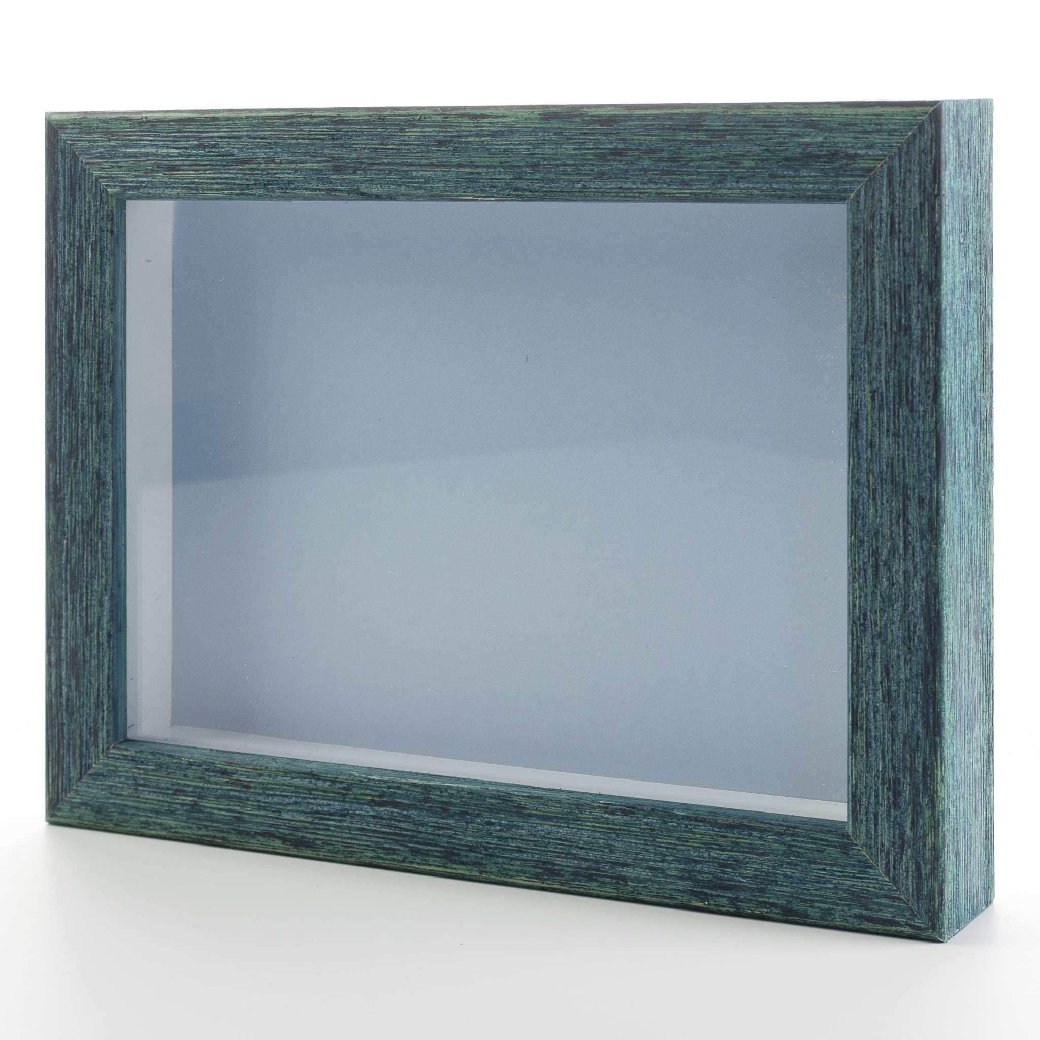 Rustic Blue 13x13 Shadow Box Frame - Solid Wood Display Case with Blue Acid-Free Backing, UV Protective Acrylic & Hanging Hardware | 3/4
