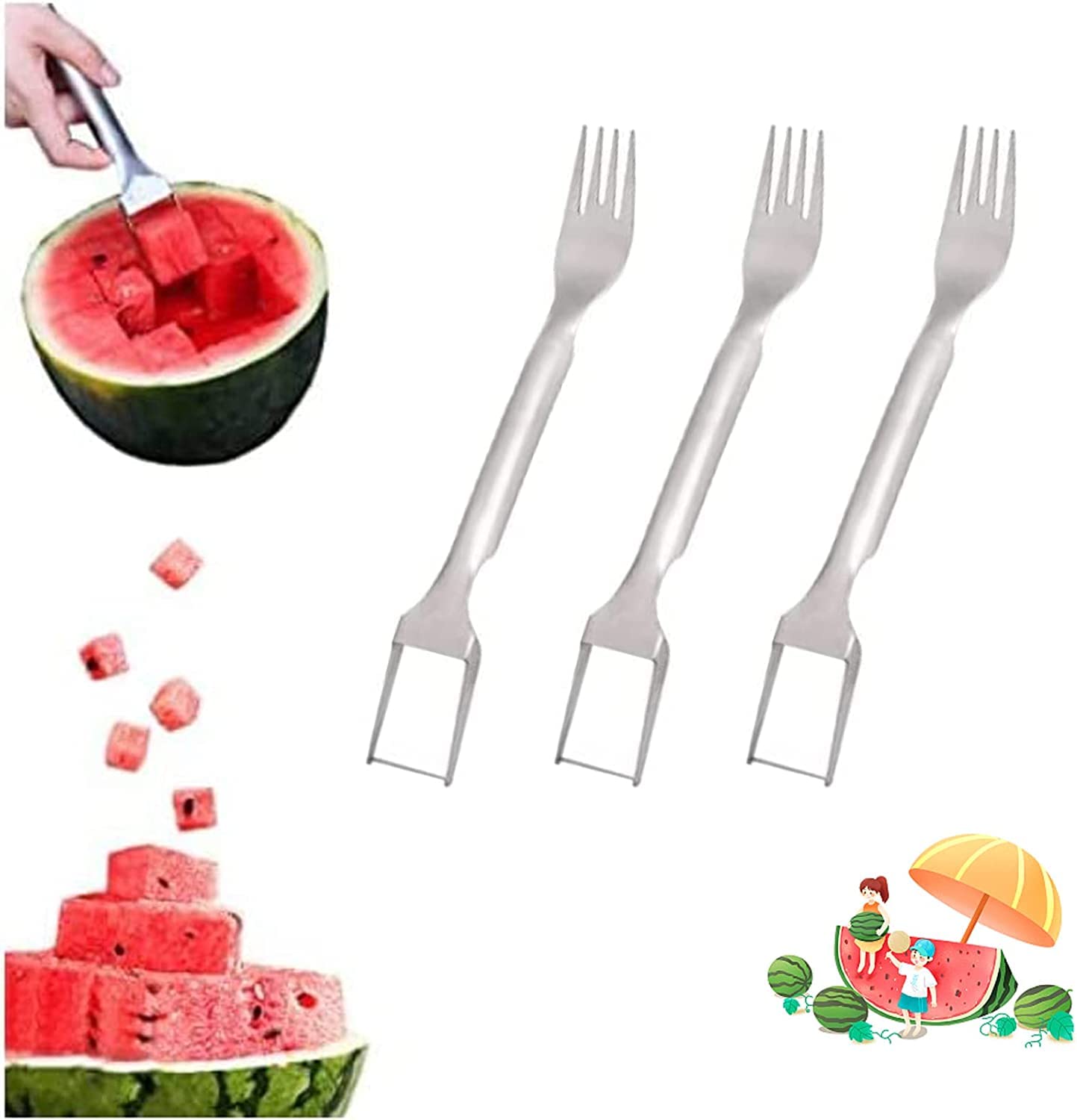 **2023 New Watermelon Slicer & Cutter – Dual Head Stainless Steel Fruit Fork & Knife (2PCS) – Perfect for Summer BBQs, Picnics, and Fruit Parties**