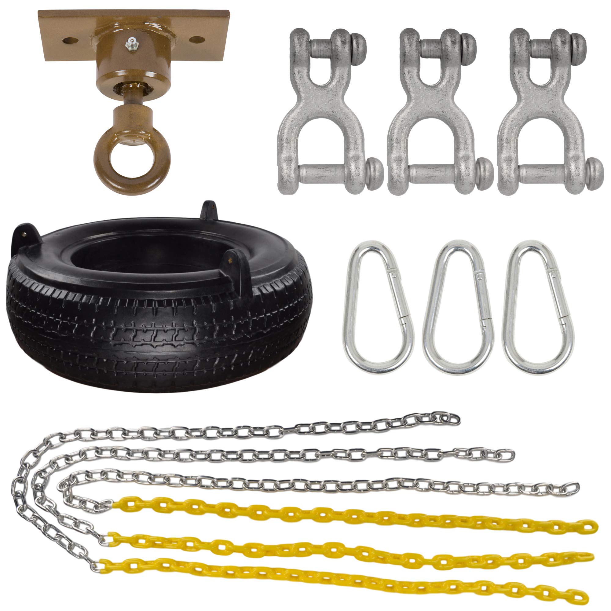 Complete Tire Swing Kit for Kids - Heavy Duty Swivel & SSS Logo Sticker (Black/Yellow) | Outdoor Playground Equipment, Backyard Swing Set Accessories for Children's Play Area & Garden Fun