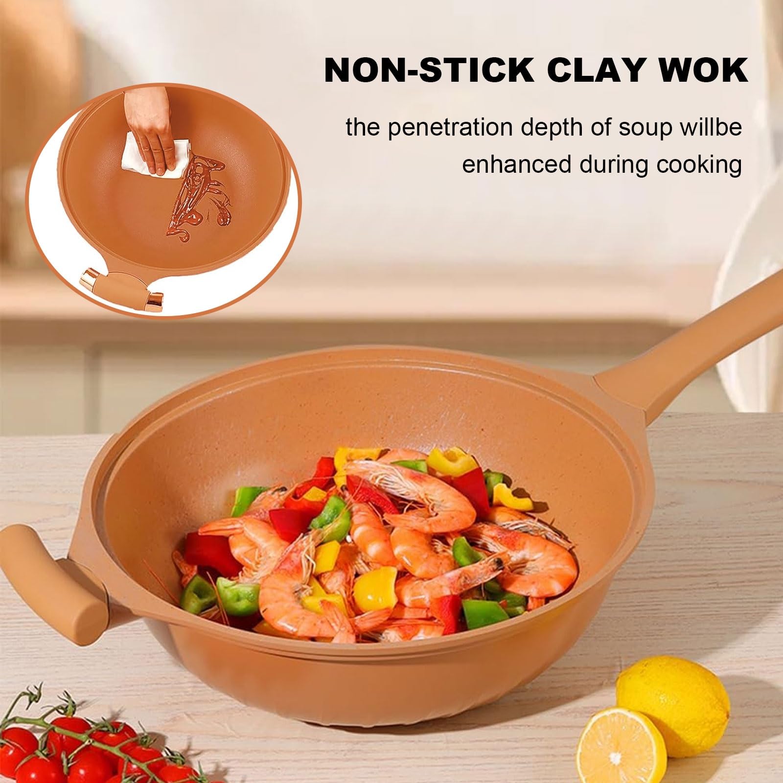 Non-Stick Ceramic Clay Wok with Steamer Basket, 32.6cm Mini Pressure Cooker for Healthy Cooking - Perfect for Steaming, Stir-Frying & Meal Prep