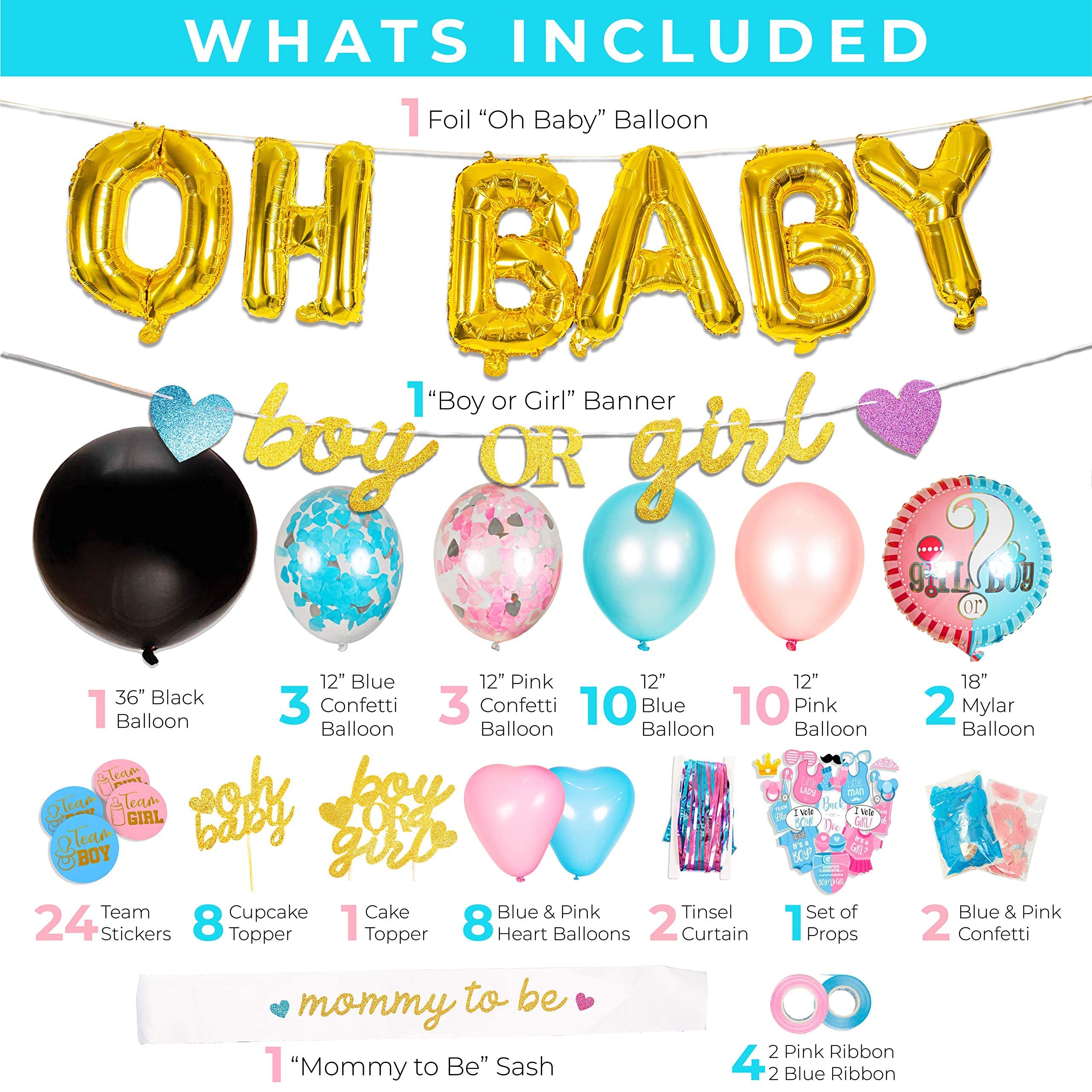 Gender Reveal Party Supplies - 116pcs Balloons, Banner, Props for Baby Shower & Celebrations