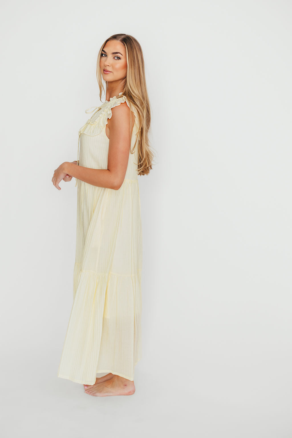 Brynn Ruffle Tiered Midi Dress in Ecru - Elegant Flowy Summer Dress for Women, Perfect for Weddings, Parties & Date Nights