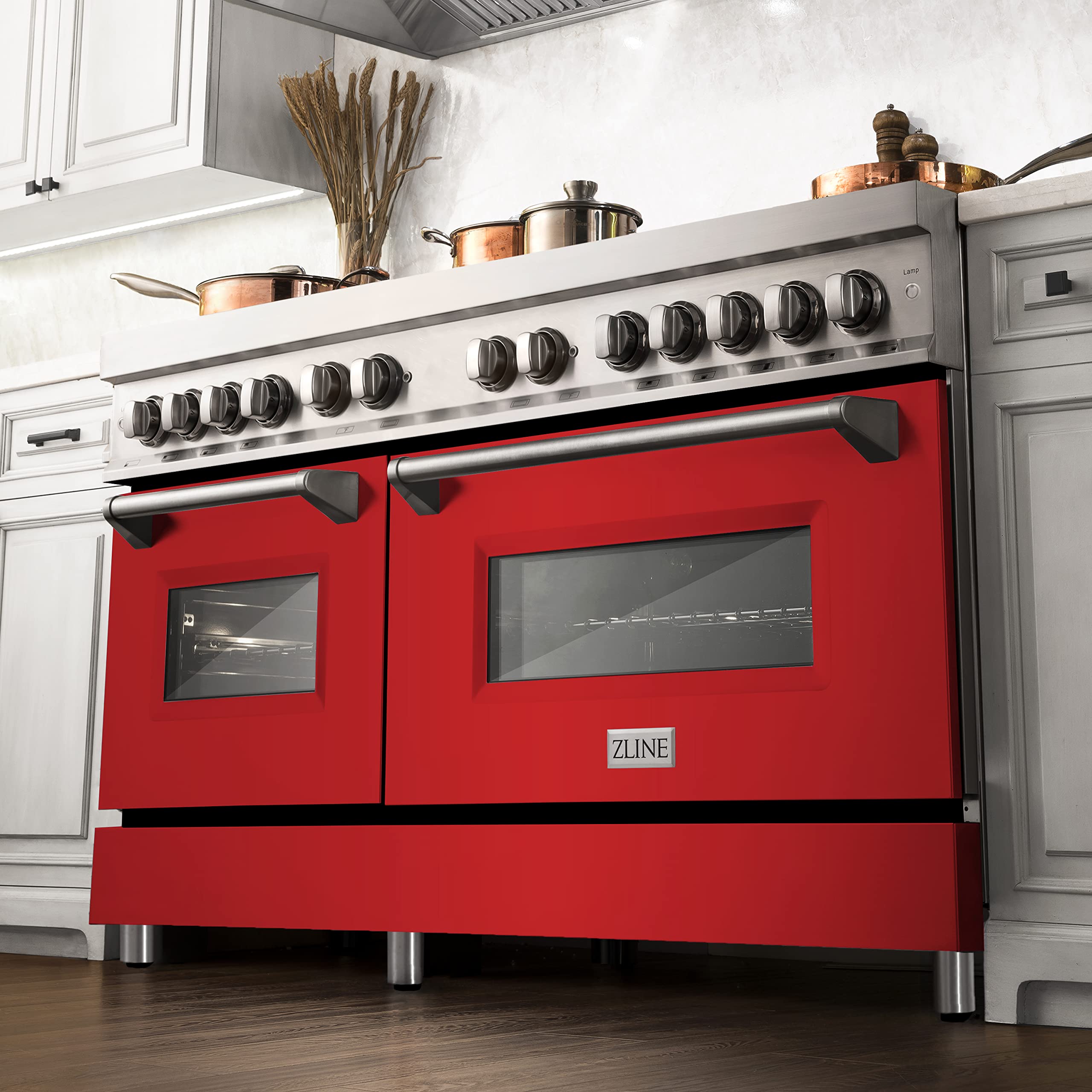 ZLINE 60-inch 7.4 cu. ft. Dual Fuel Range with 9-Burner Gas Cooktop & 2 Electric Convection Ovens - Stainless Steel with Red Matte Doors (RA-RM-60) for Professional Home Kitchens and Gourmet Cooking