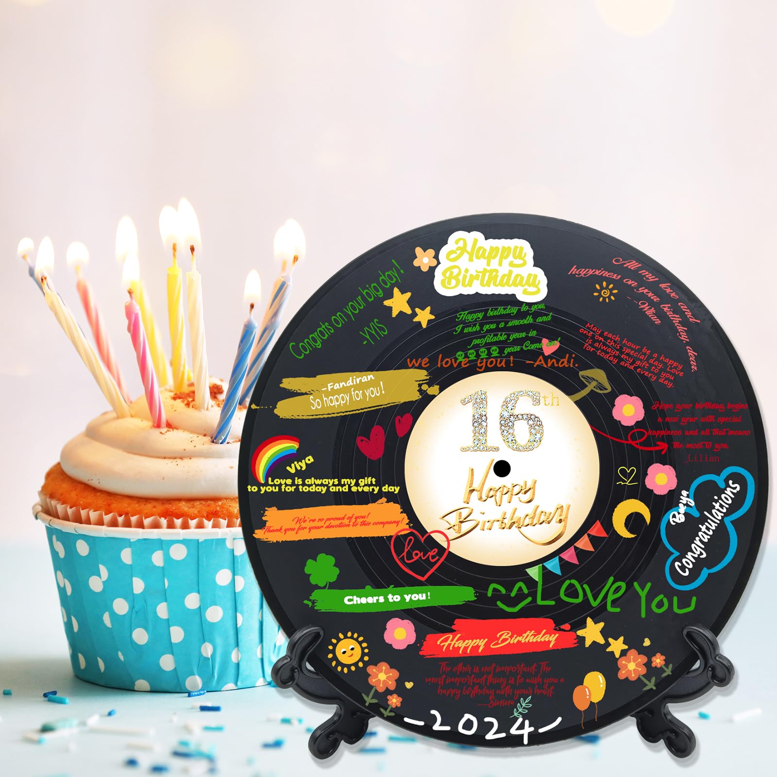 Sweet 16 Vinyl Record Birthday Decorations - 11.6x11.6 Inch Party Sign Poster, Unique 16th Birthday Guest Book Alternative - Perfect Sweet 16 Gifts for Girls & Boys (16 Years Old) - Great for Birthday Parties, Milestone Celebrations & Room Decor