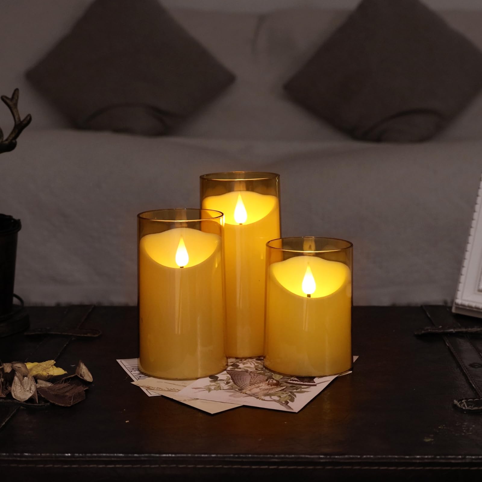 NURADA Flameless LED Candles - 3D Wick Battery Operated Fake Candles Set of 3 Gold Pillar Candles for Home Decor, Wedding, Party & Romantic Ambiance - Safe Acrylic Decorative Candles for Table Centerpiece, Fireplace & Bedroom Lighting