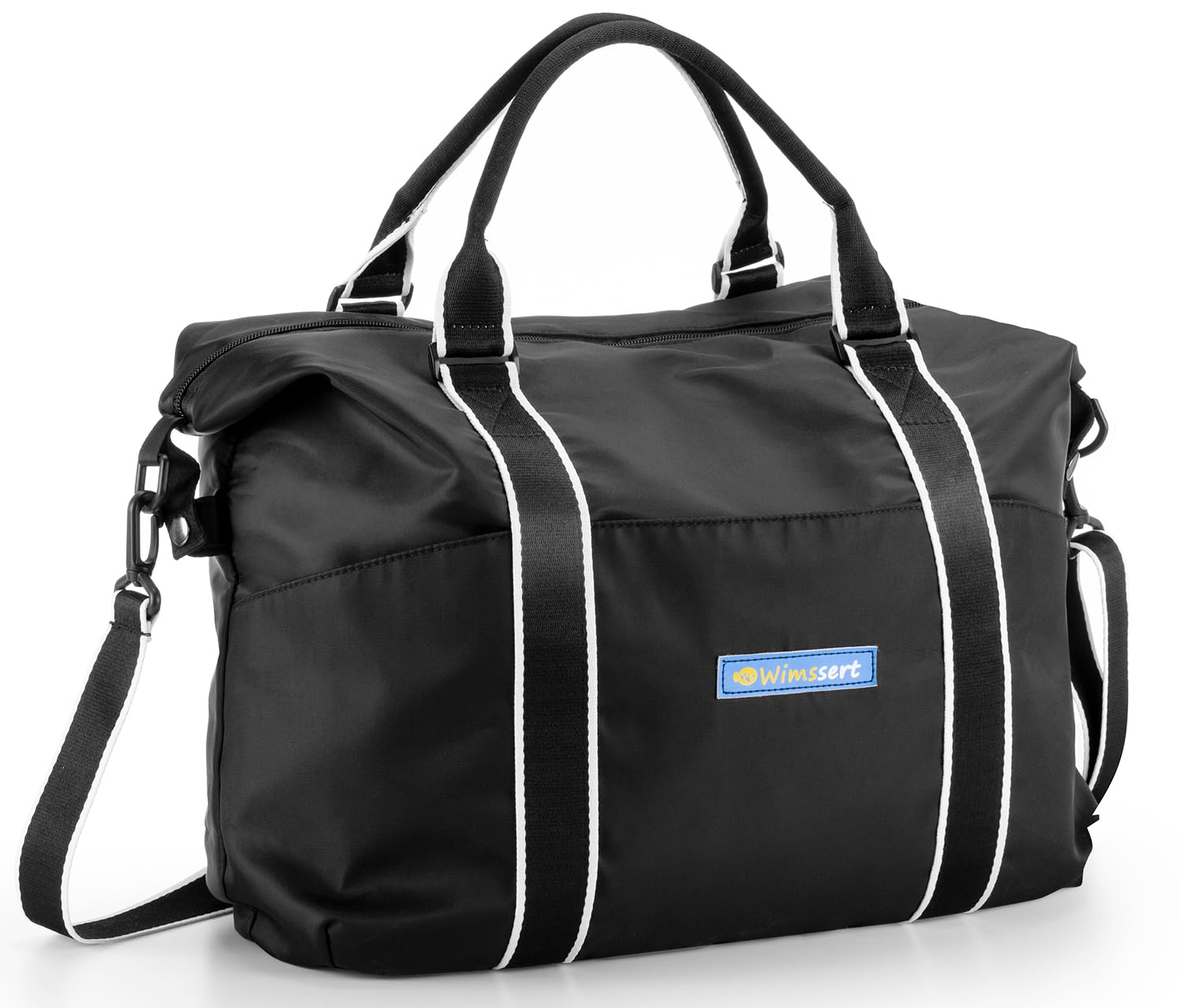 Wimssert Large Waterproof Travel Duffel Bag with Trolley Sleeve & Wet Pocket - Sports Tote Gym Bag for Women, Yoga, Workout, Hospital & Air Travel - Perfect for Weekend Getaways, Gym Sessions & Business Trips (Black)